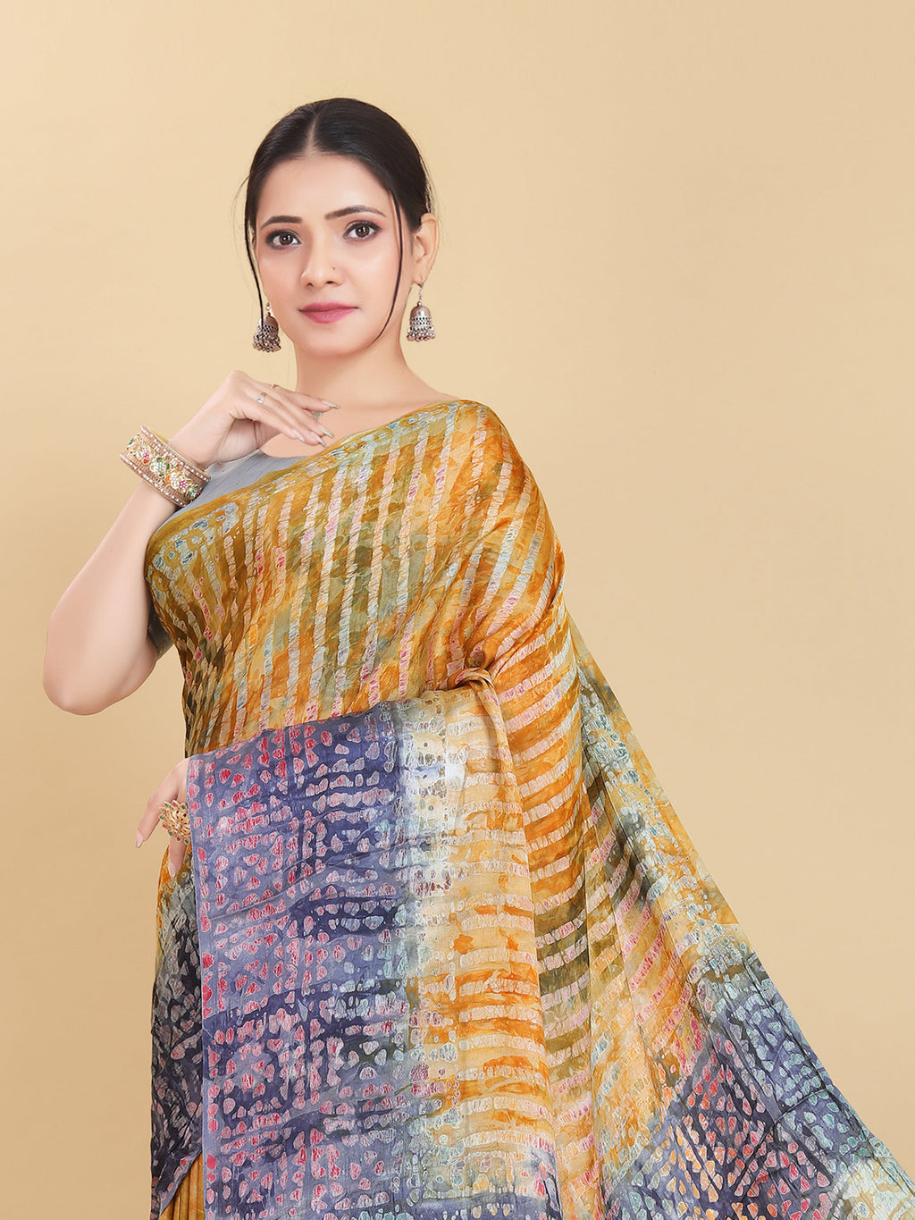YELLOW BEMBERG SATIN BATIK PRINTED SAREE
