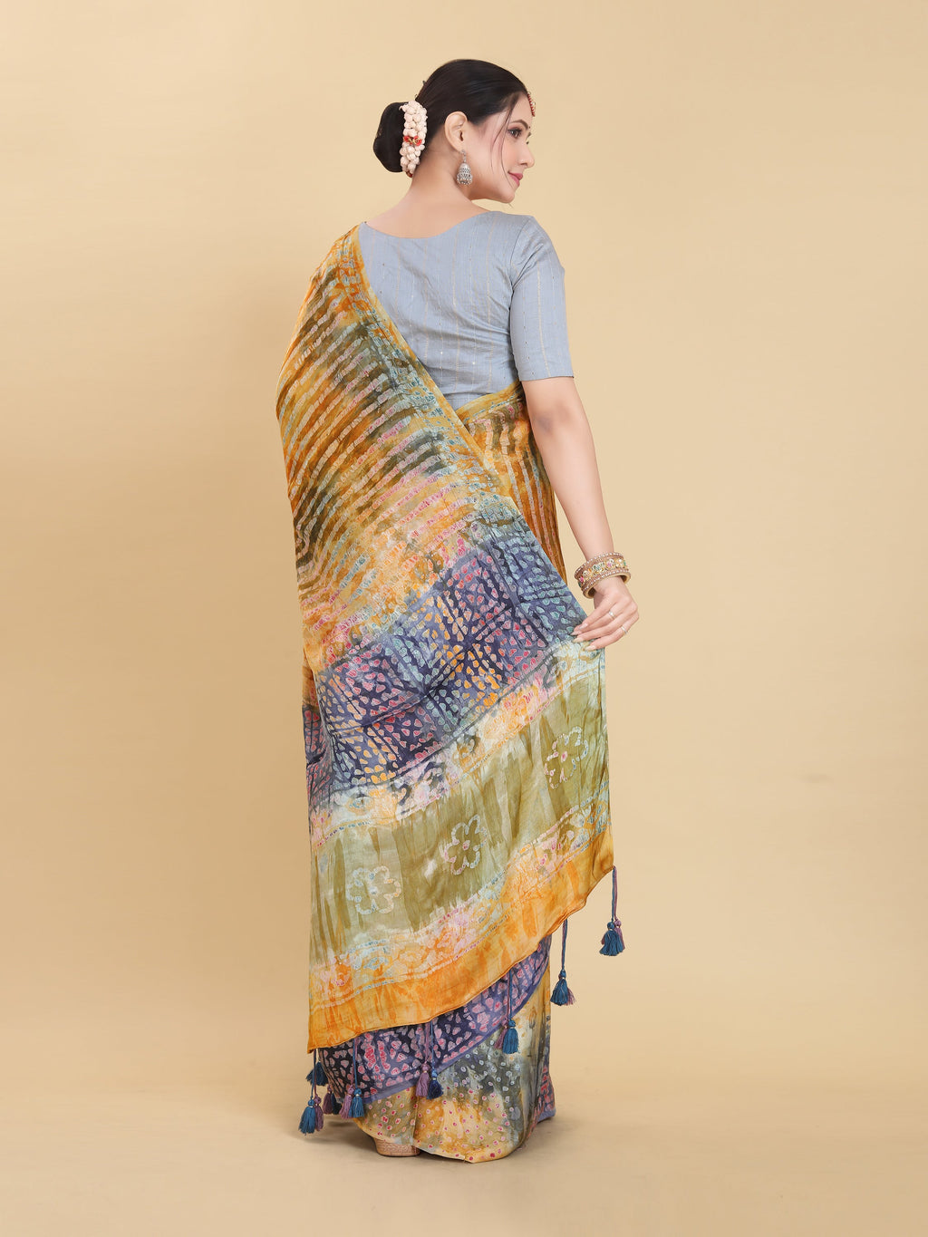 YELLOW BEMBERG SATIN BATIK PRINTED SAREE