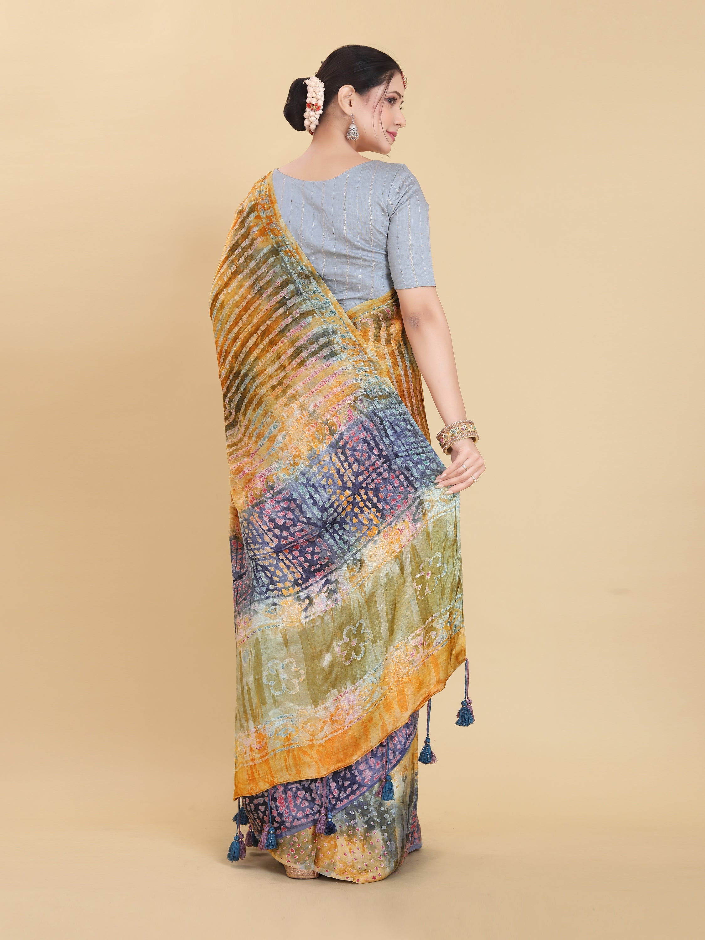YELLOW BEMBERG SATIN BATIK PRINTED SAREE