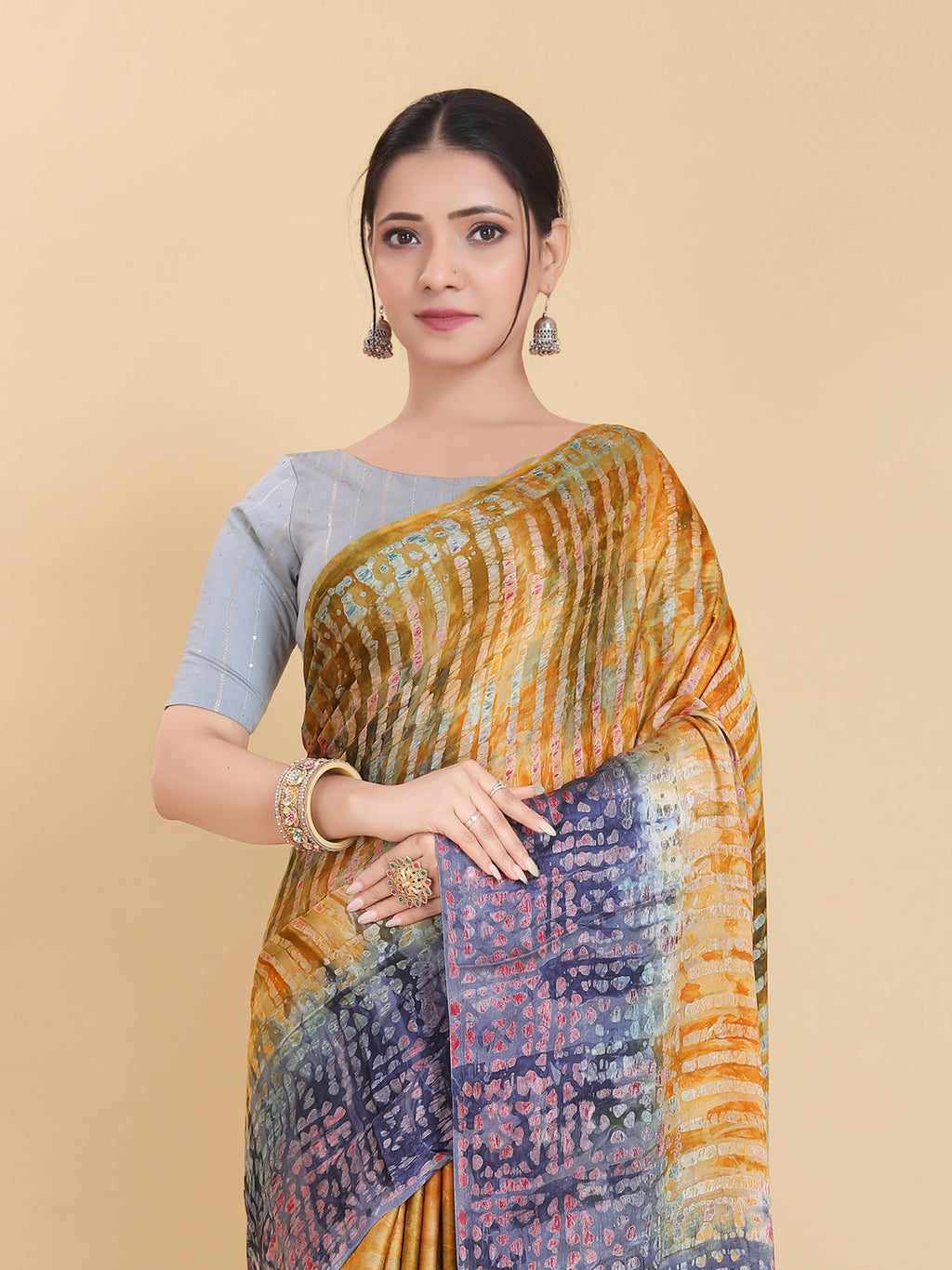 YELLOW BEMBERG SATIN BATIK PRINTED SAREE