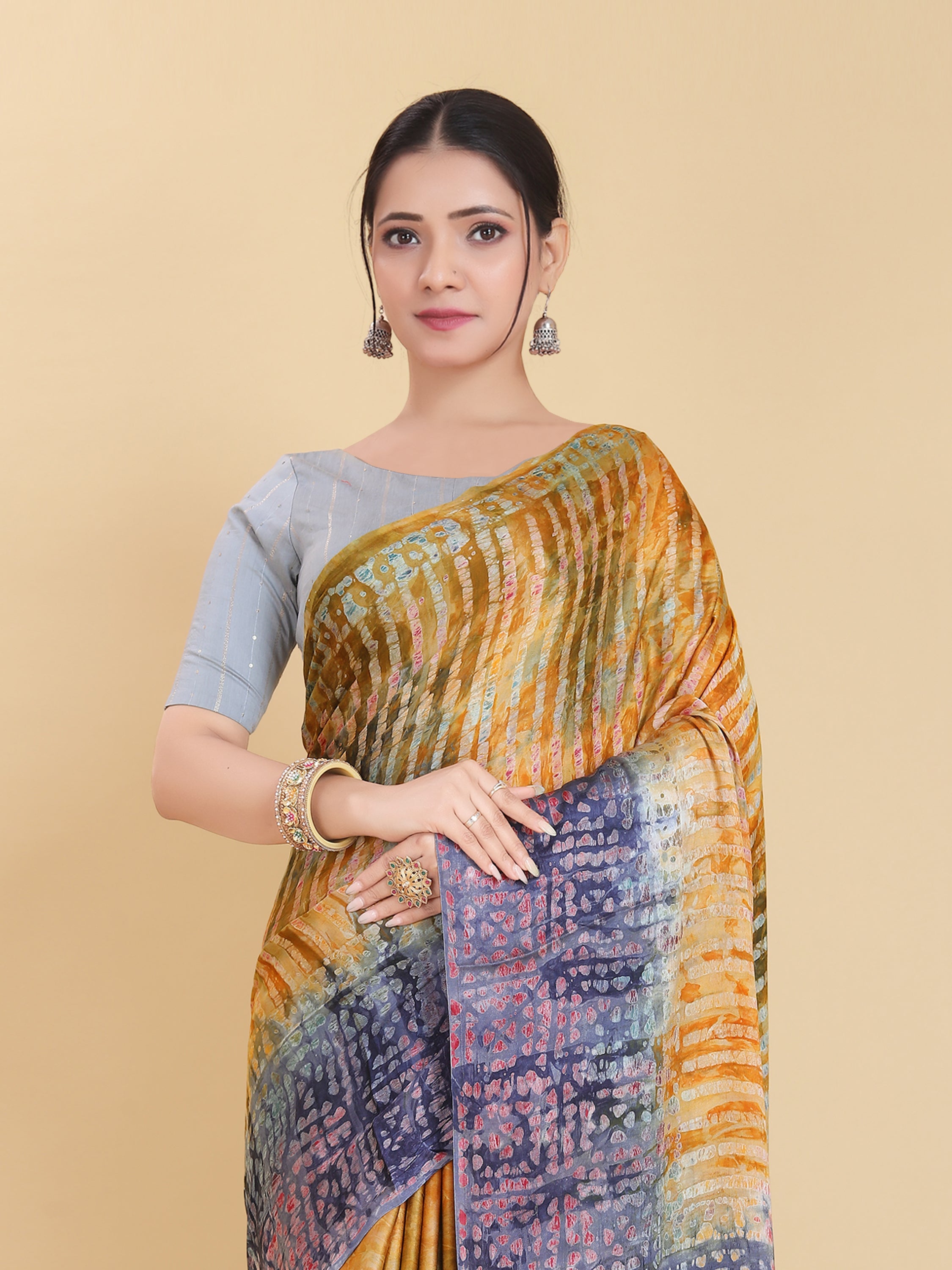 YELLOW BEMBERG SATIN BATIK PRINTED SAREE