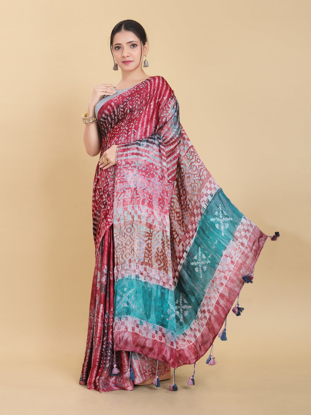 RED BEMBERG SATIN BATIK PRINTED SAREE