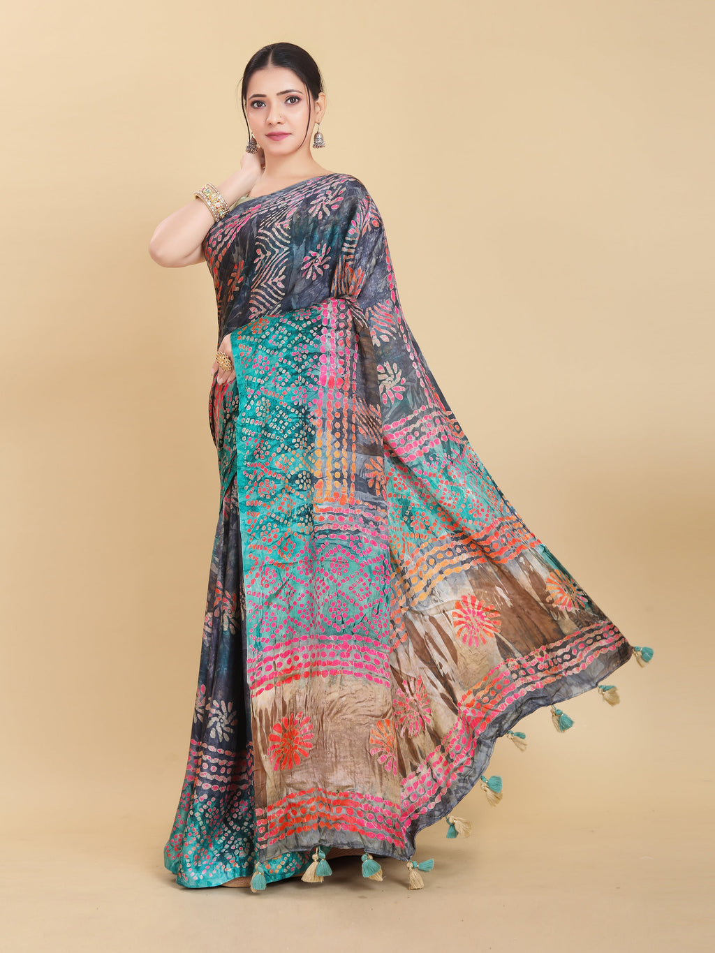 BLUE BEMBERG SATIN BATIK PRINTED SAREE