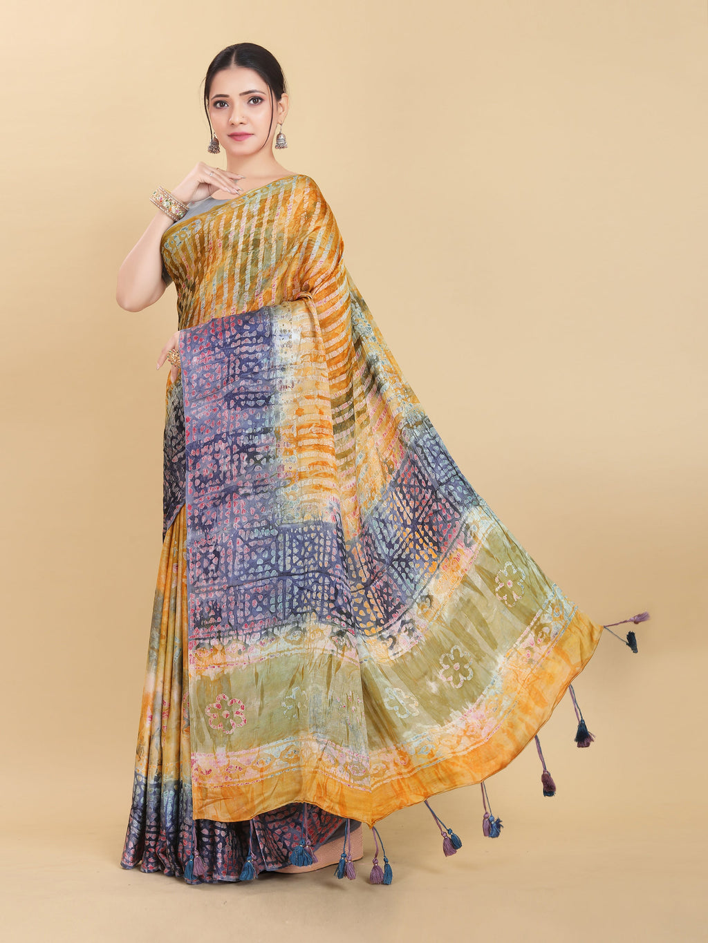 YELLOW BEMBERG SATIN BATIK PRINTED SAREE
