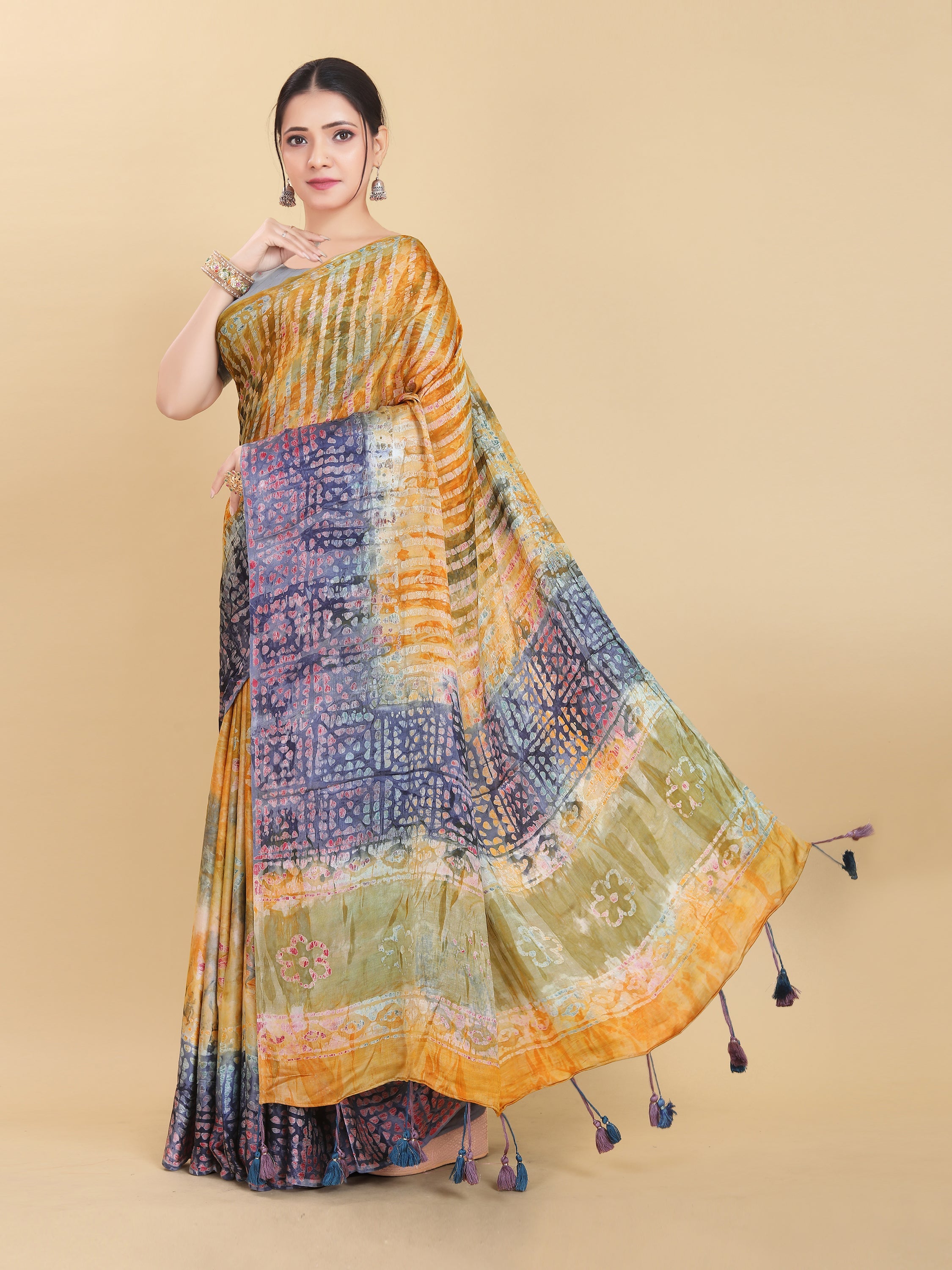 YELLOW BEMBERG SATIN BATIK PRINTED SAREE