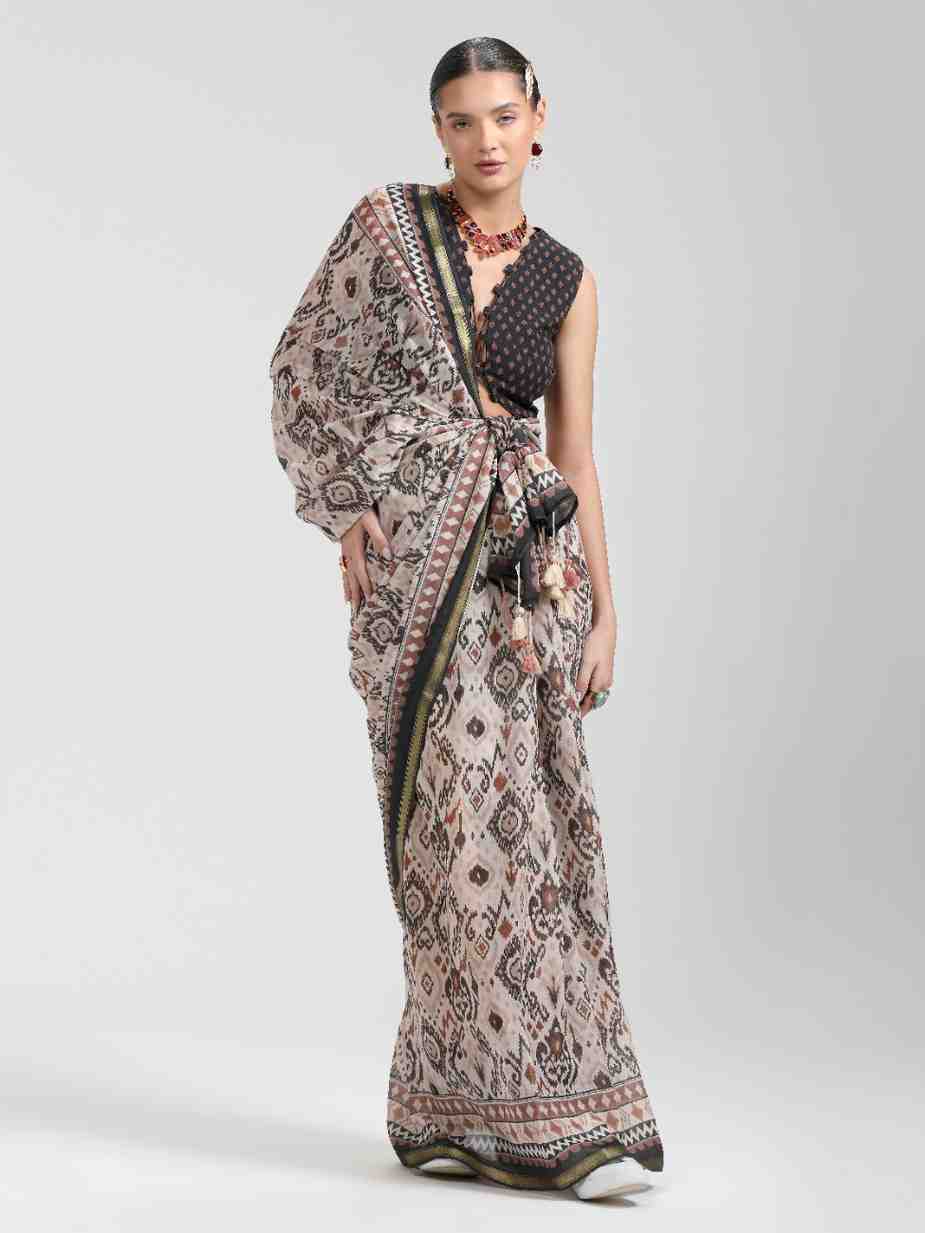 BEIGE & BLACK VISCOSE MUL LIVA DIGITAL PRINTED SAREE