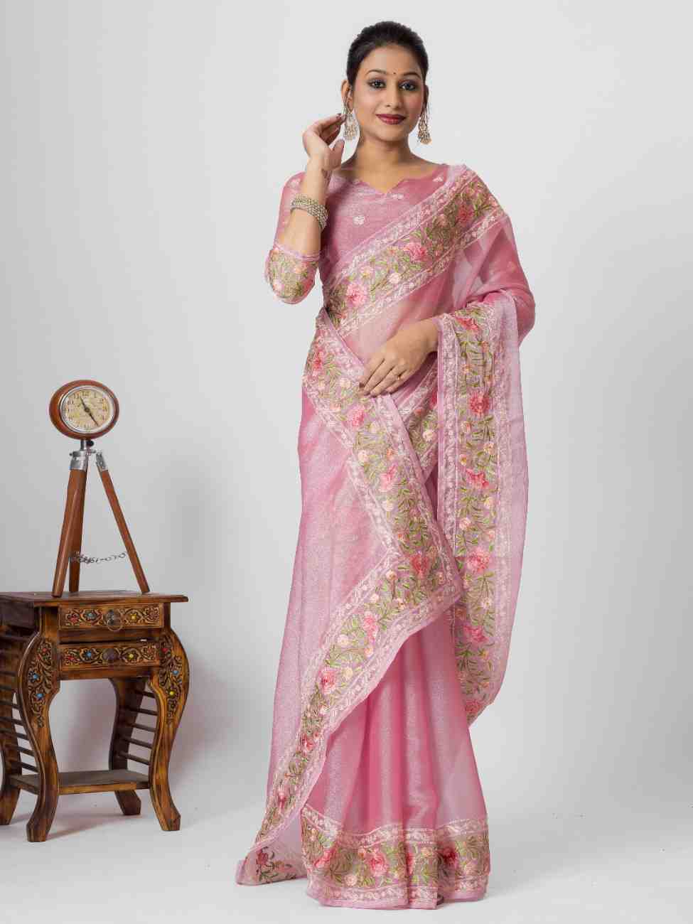 LIGHT PINK ORGANZA ROSE PRINTED EMBROIDERY SAREE