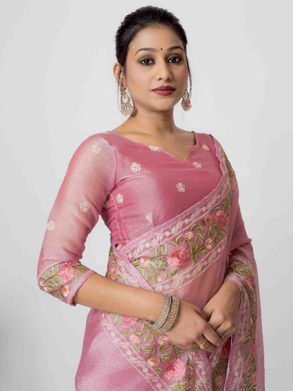LIGHT PINK ORGANZA ROSE PRINTED EMBROIDERY SAREE