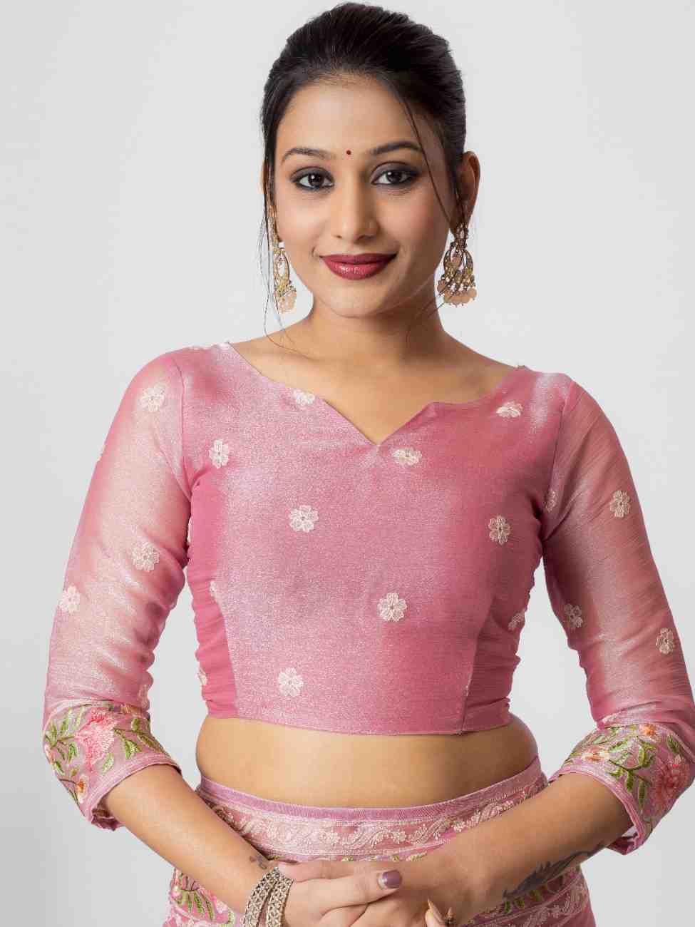 LIGHT PINK ORGANZA ROSE PRINTED EMBROIDERY SAREE