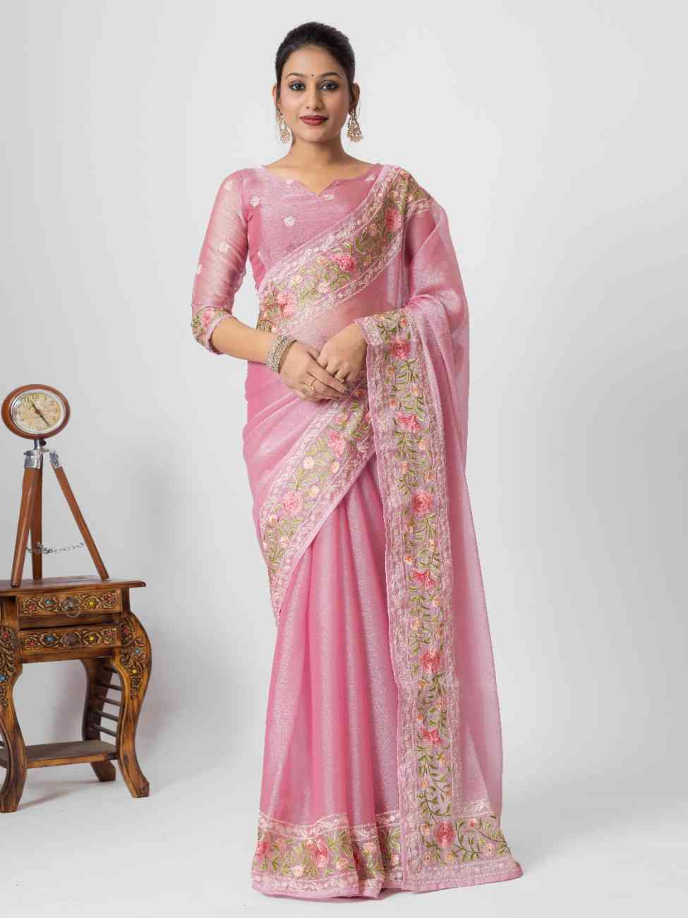 LIGHT PINK ORGANZA ROSE PRINTED EMBROIDERY SAREE