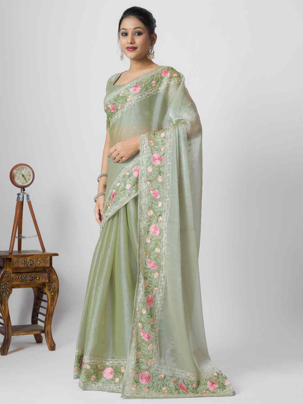 PISTA ORGANZA ROSE PRINTED EMBROIDERY SAREE