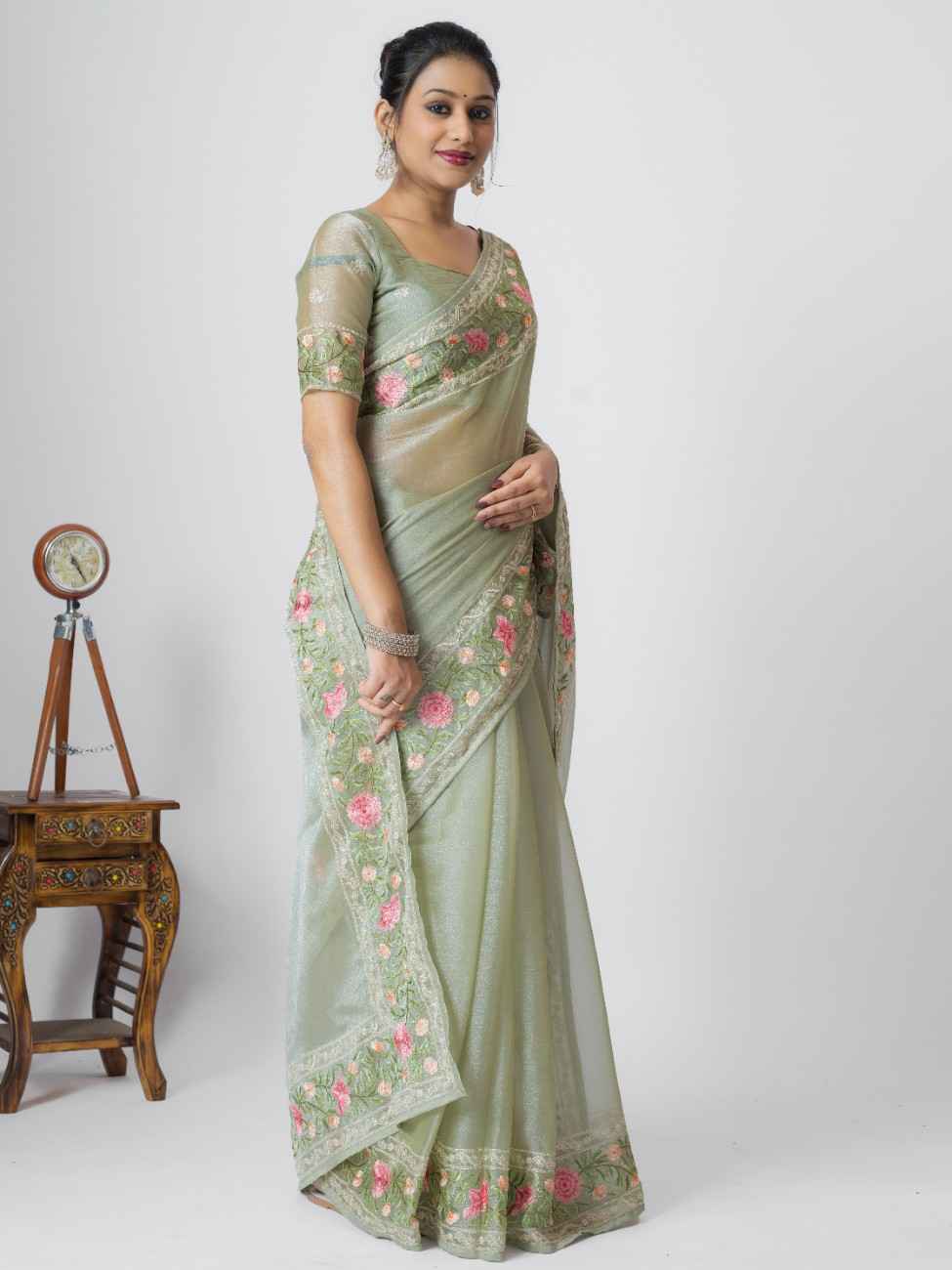 PISTA ORGANZA ROSE PRINTED EMBROIDERY SAREE