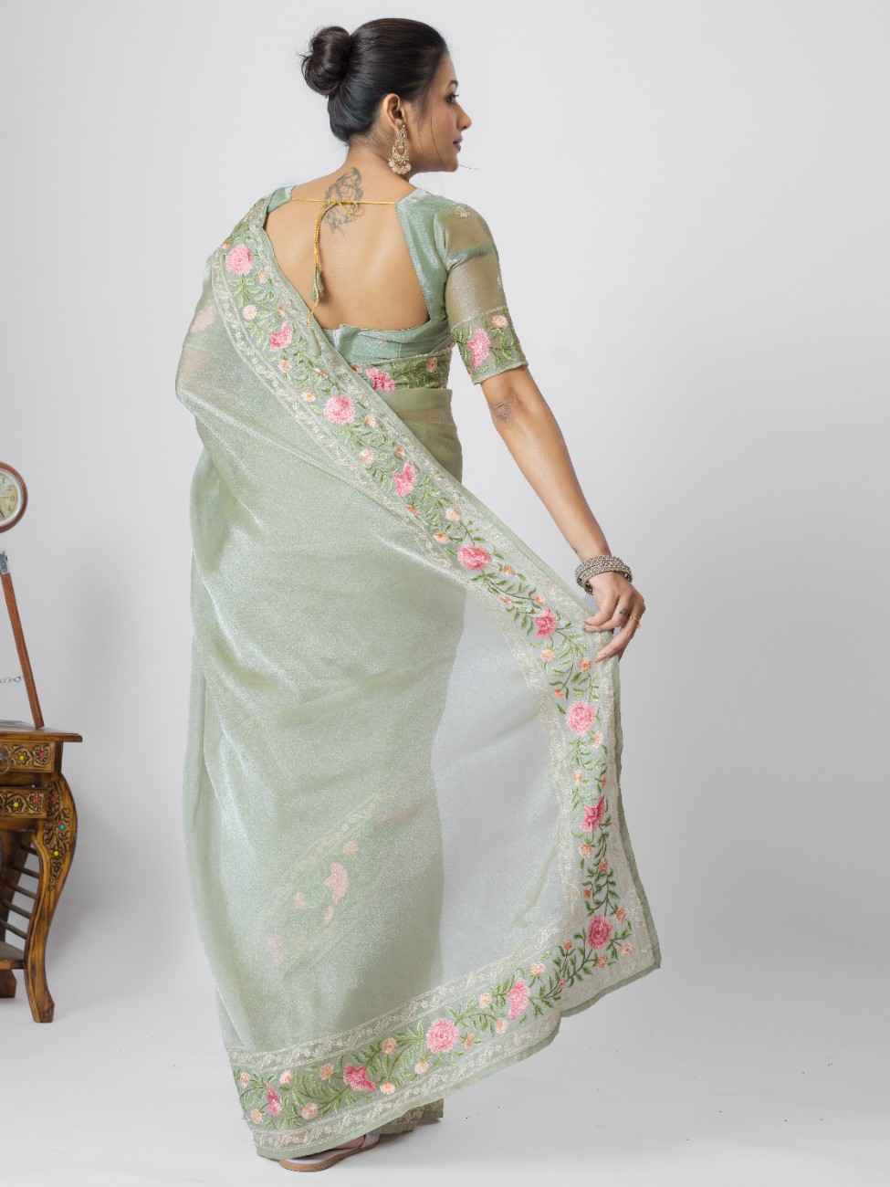 PISTA ORGANZA ROSE PRINTED EMBROIDERY SAREE