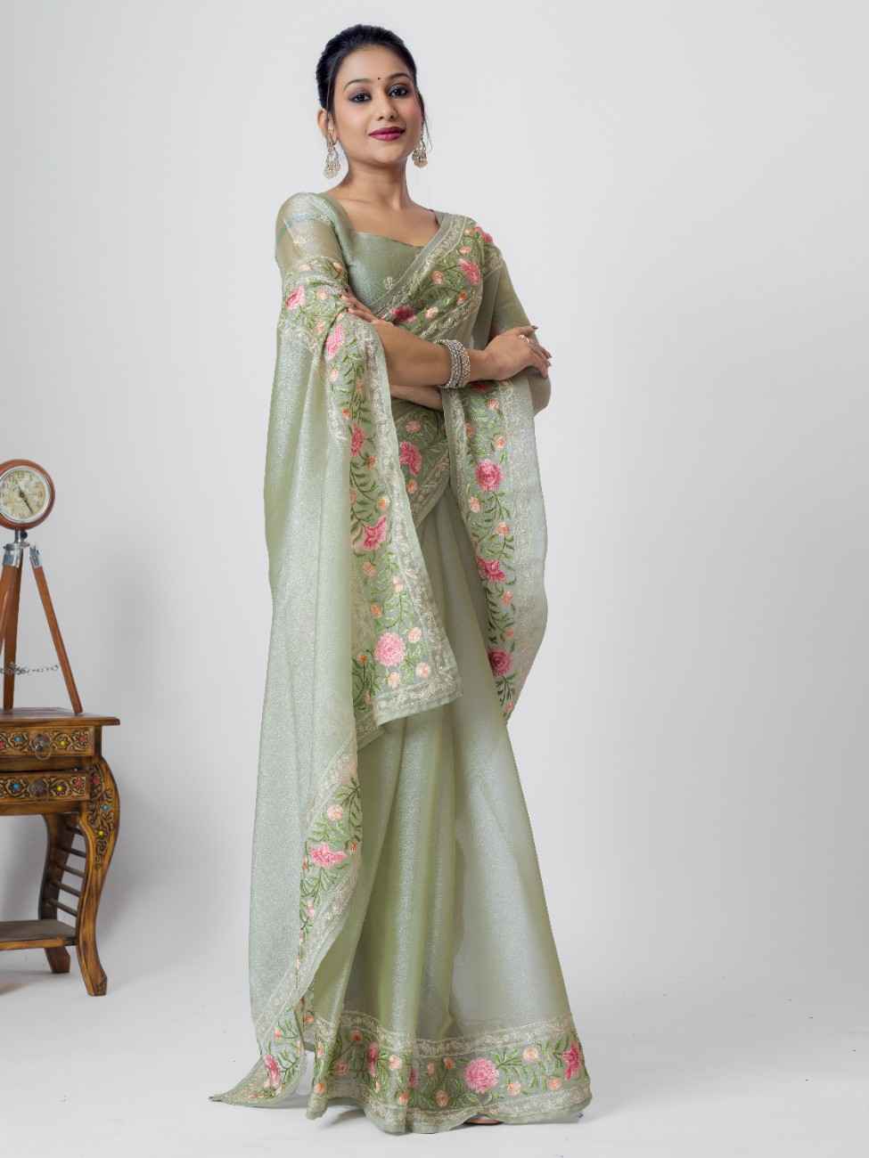 PISTA ORGANZA ROSE PRINTED EMBROIDERY SAREE