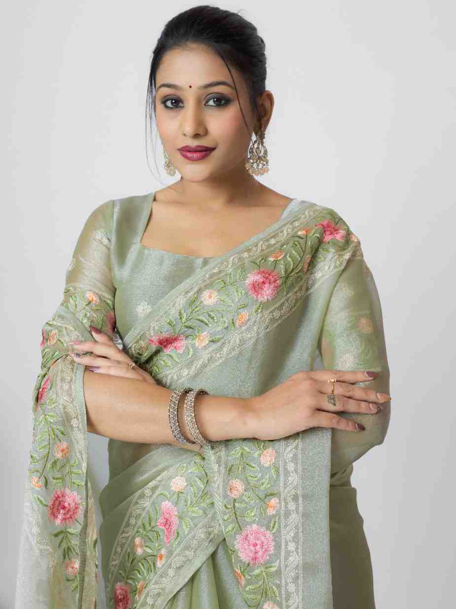 PISTA ORGANZA ROSE PRINTED EMBROIDERY SAREE