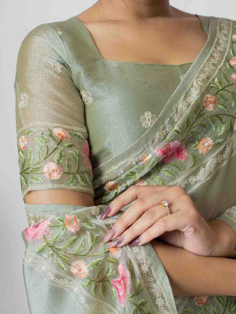 PISTA ORGANZA ROSE PRINTED EMBROIDERY SAREE