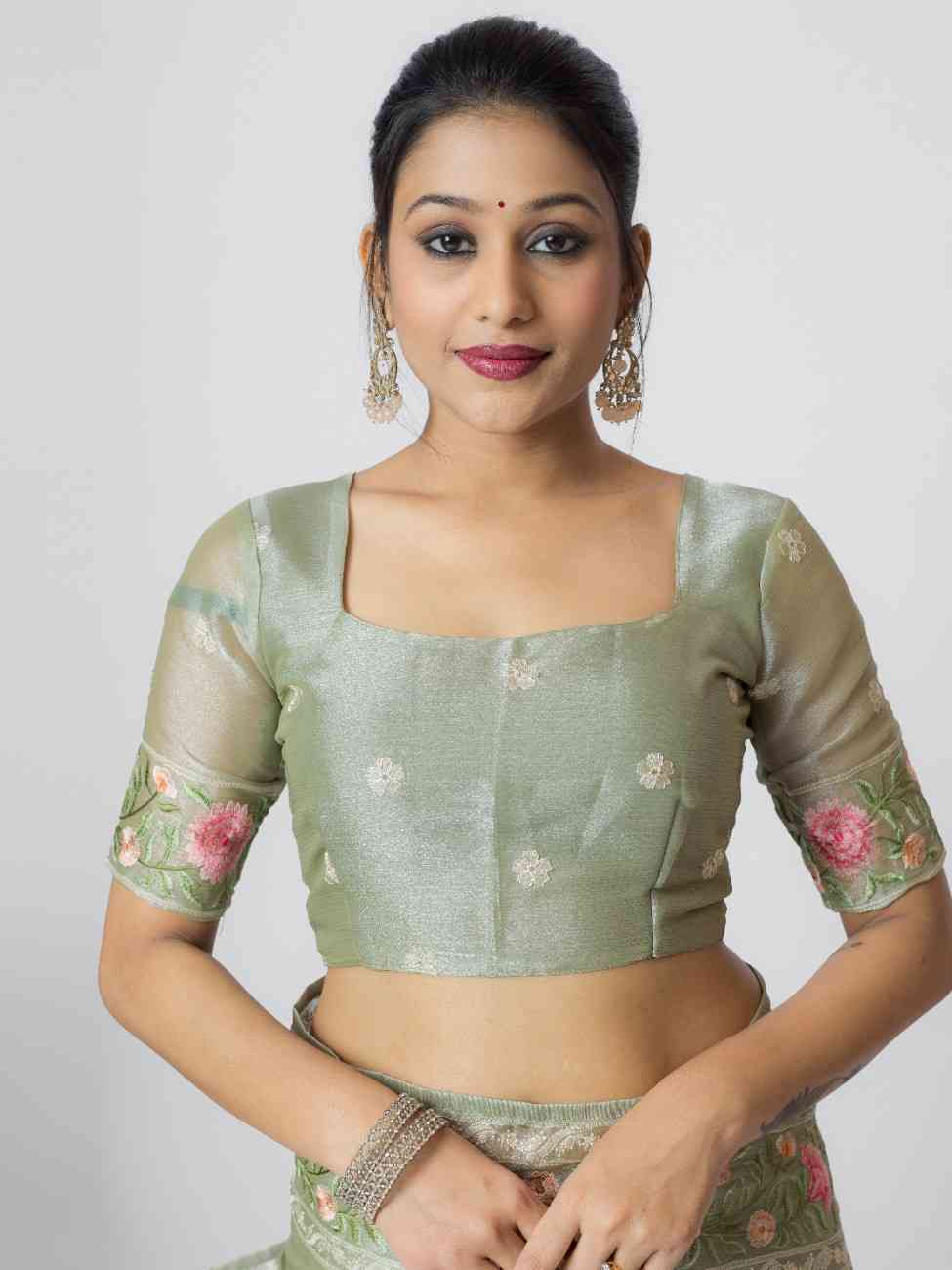 PISTA ORGANZA ROSE PRINTED EMBROIDERY SAREE