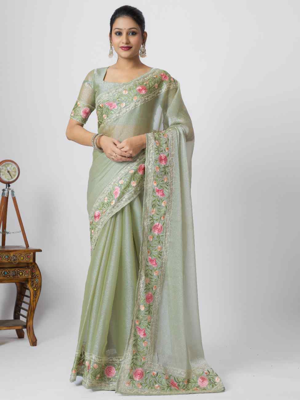 PISTA ORGANZA ROSE PRINTED EMBROIDERY SAREE