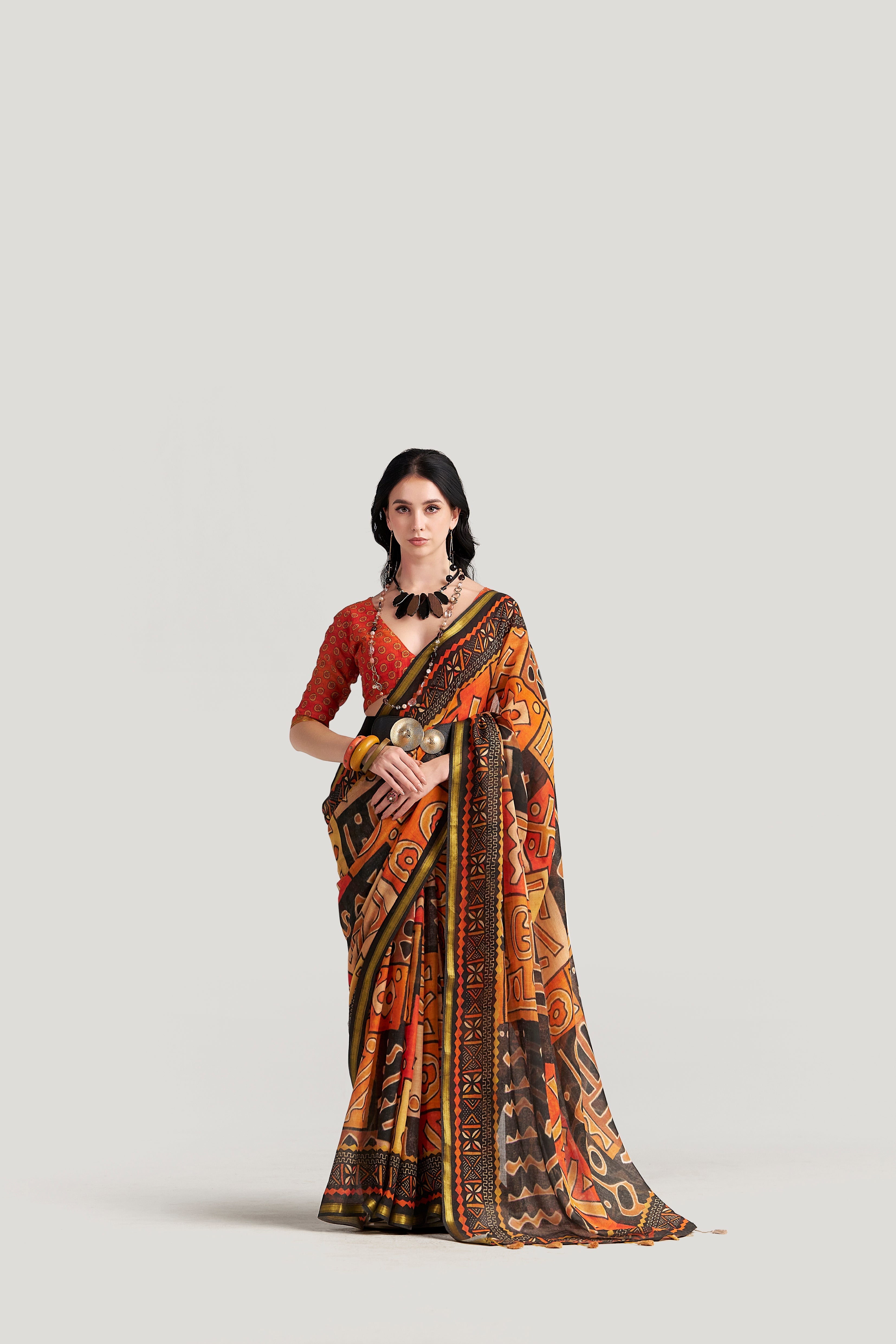 BLACK & ORANGE VISCOSE MUL LIVA DIGITAL PRINTED SAREE