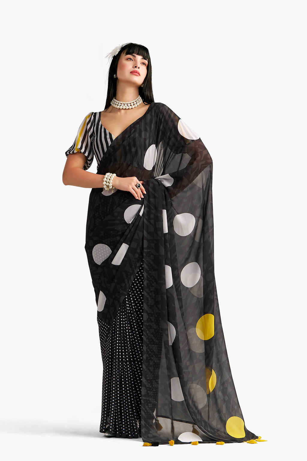 BLACK GEORGETTE POLKA POPS DIGITAL PRINTED SAREE