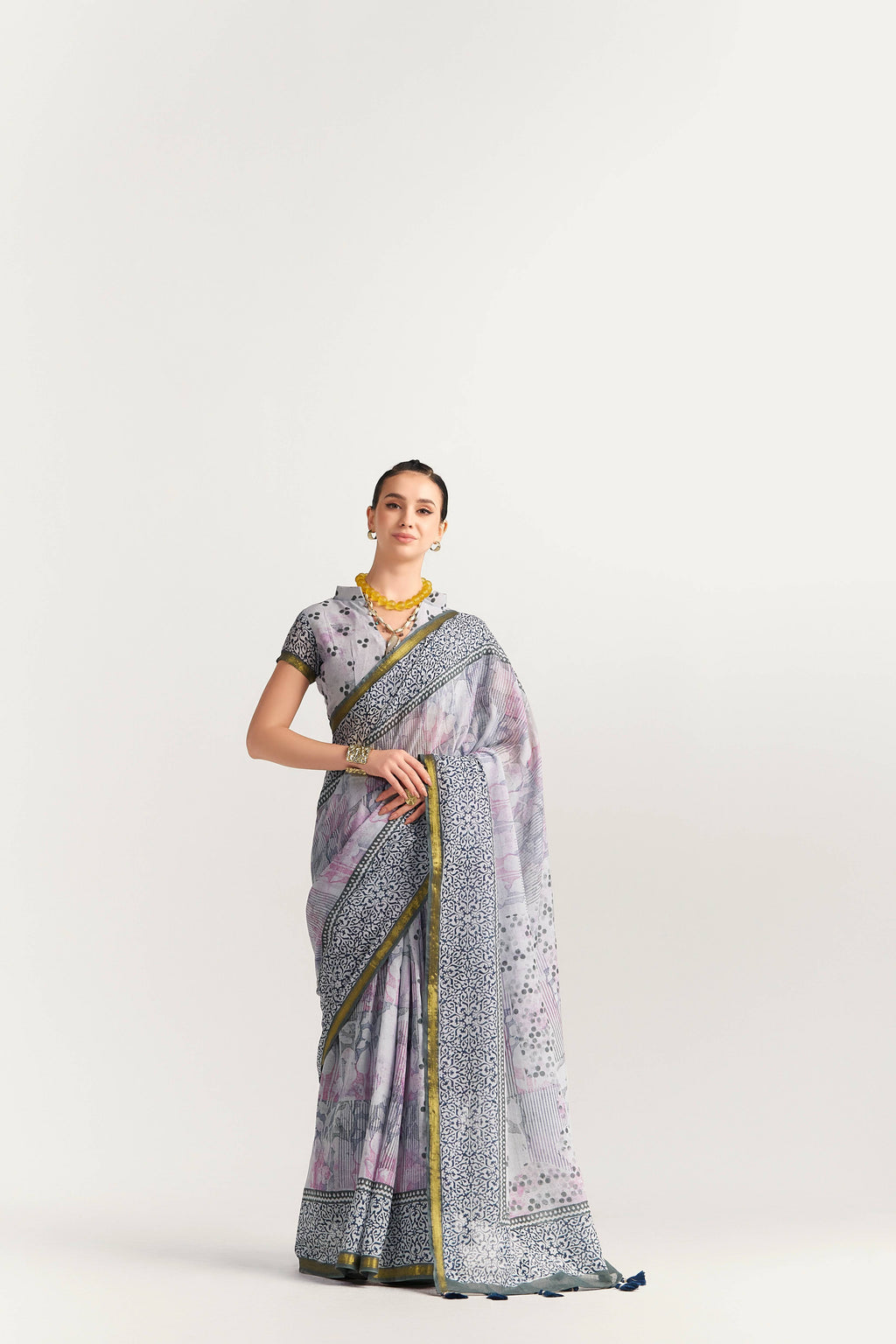 BLACK & GRAY SHADE VISCOSE MUL BLOCK PRINTED SAREE