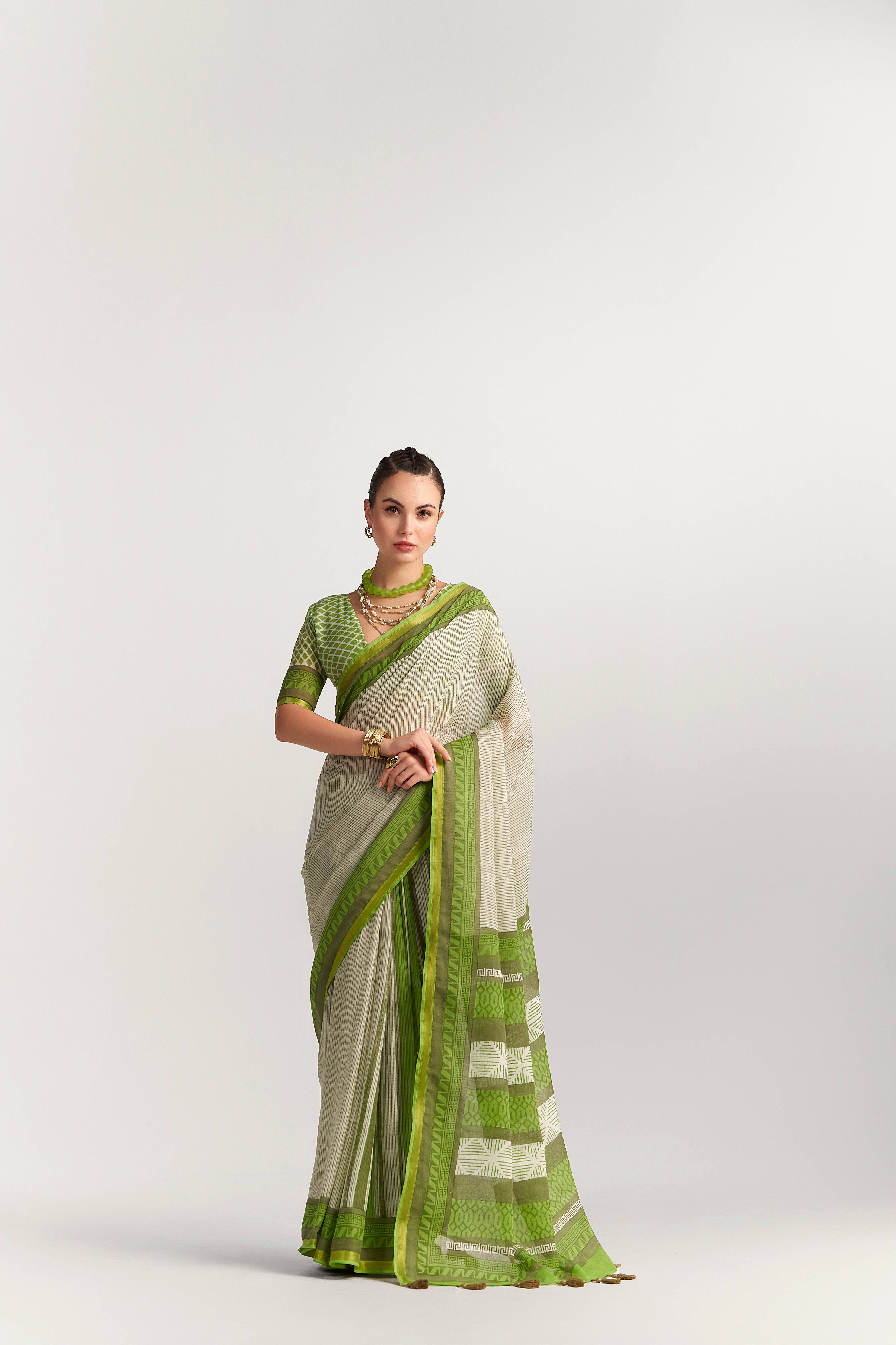 DARK GREEN VISCOSE MUL BLOCK PRINTED SAREE