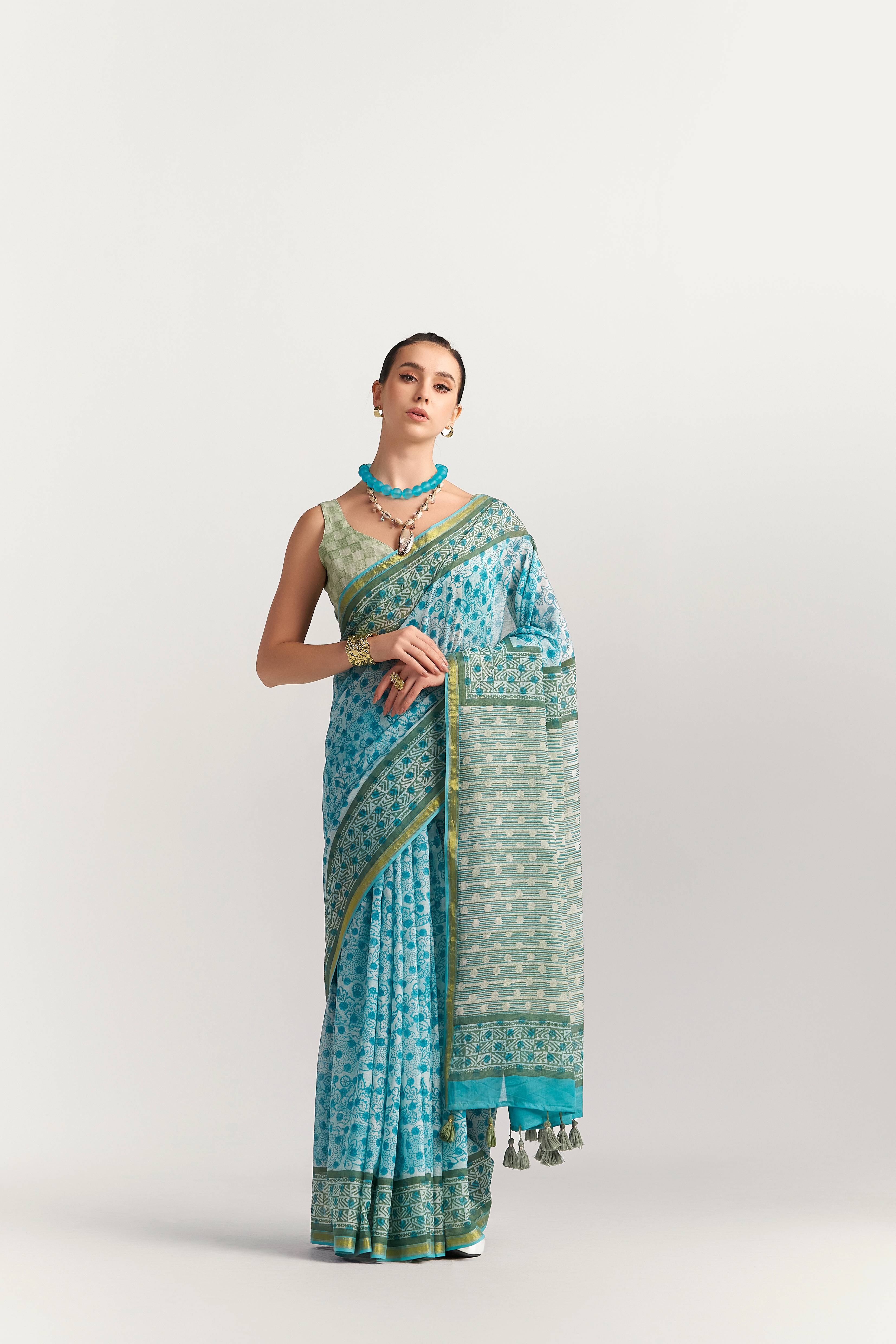 DEEP SKY BLUE VISCOSE MUL BLOCK PRINTED SAREE