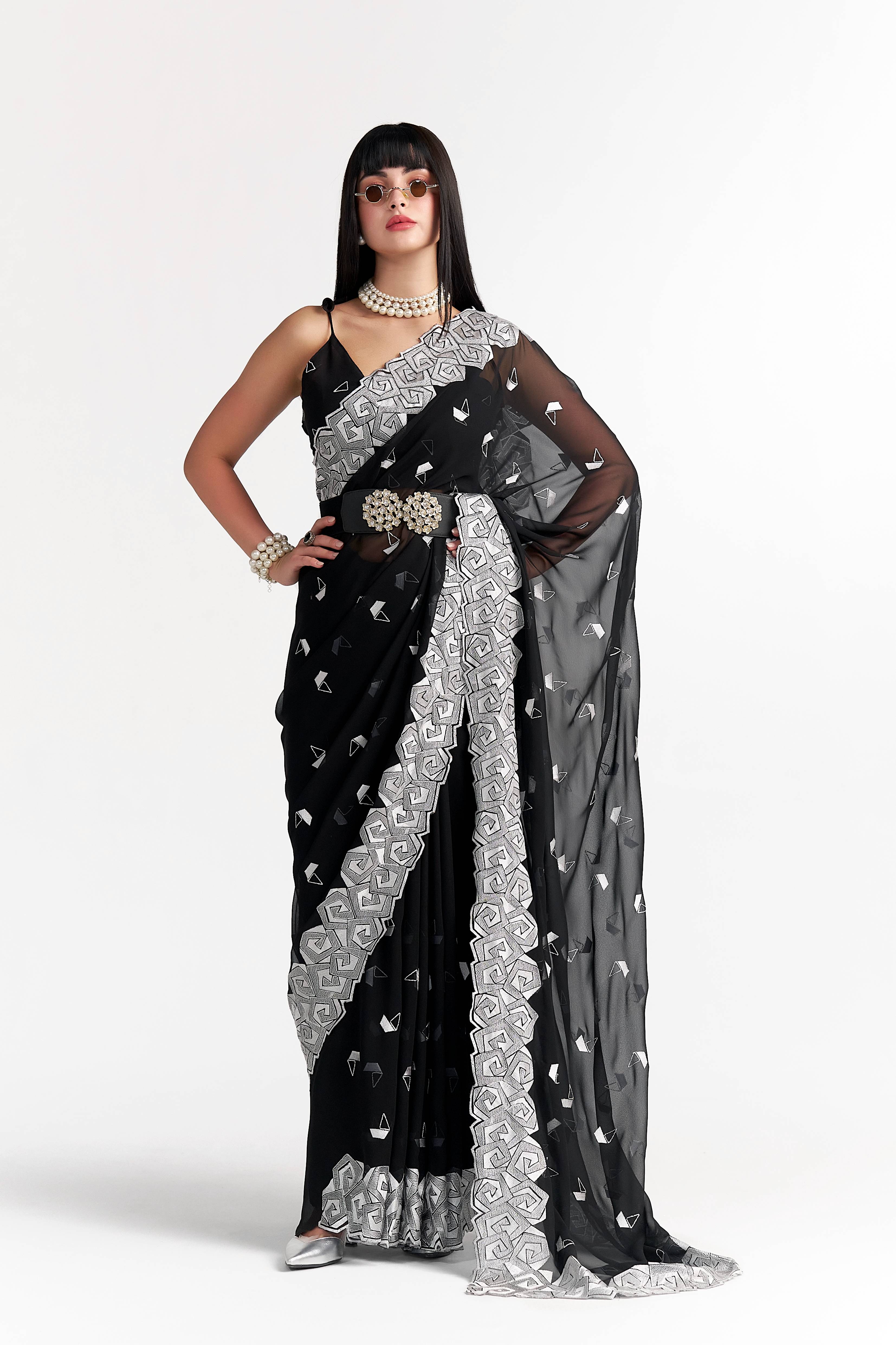 BLACK GEORGETTE BOAT PRINTED EMBROIDERY SAREE