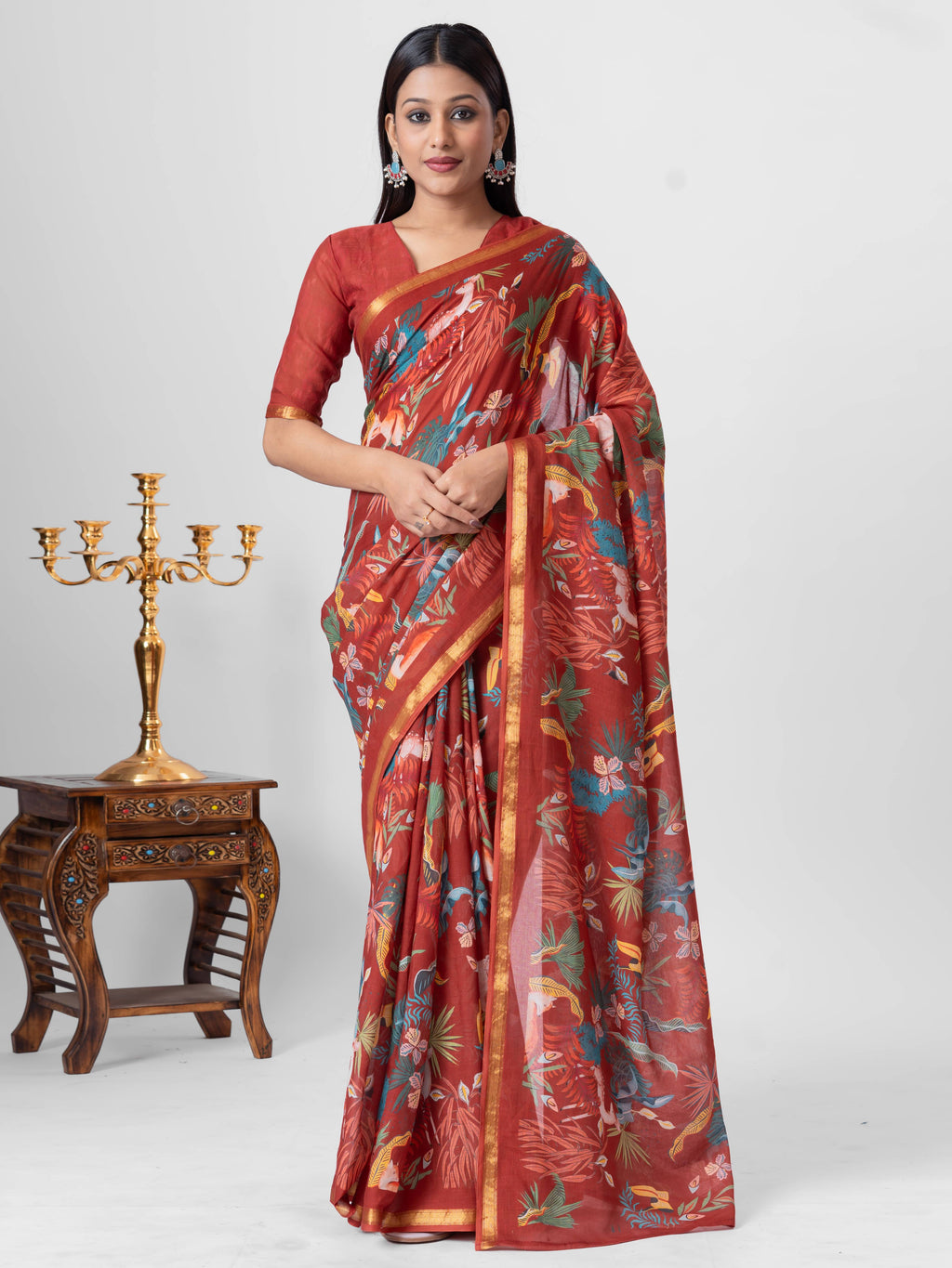 CHINESE MAROON VISCOSE MUL LIVA DIGITAL PRINTED SAREE