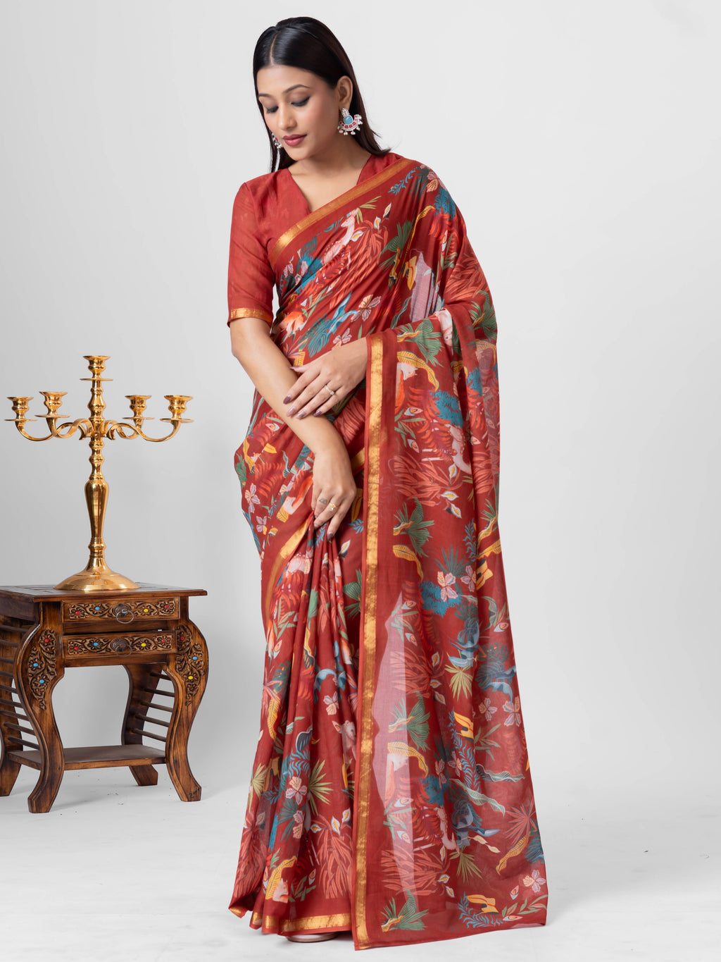 CHINESE MAROON VISCOSE MUL LIVA DIGITAL PRINTED SAREE