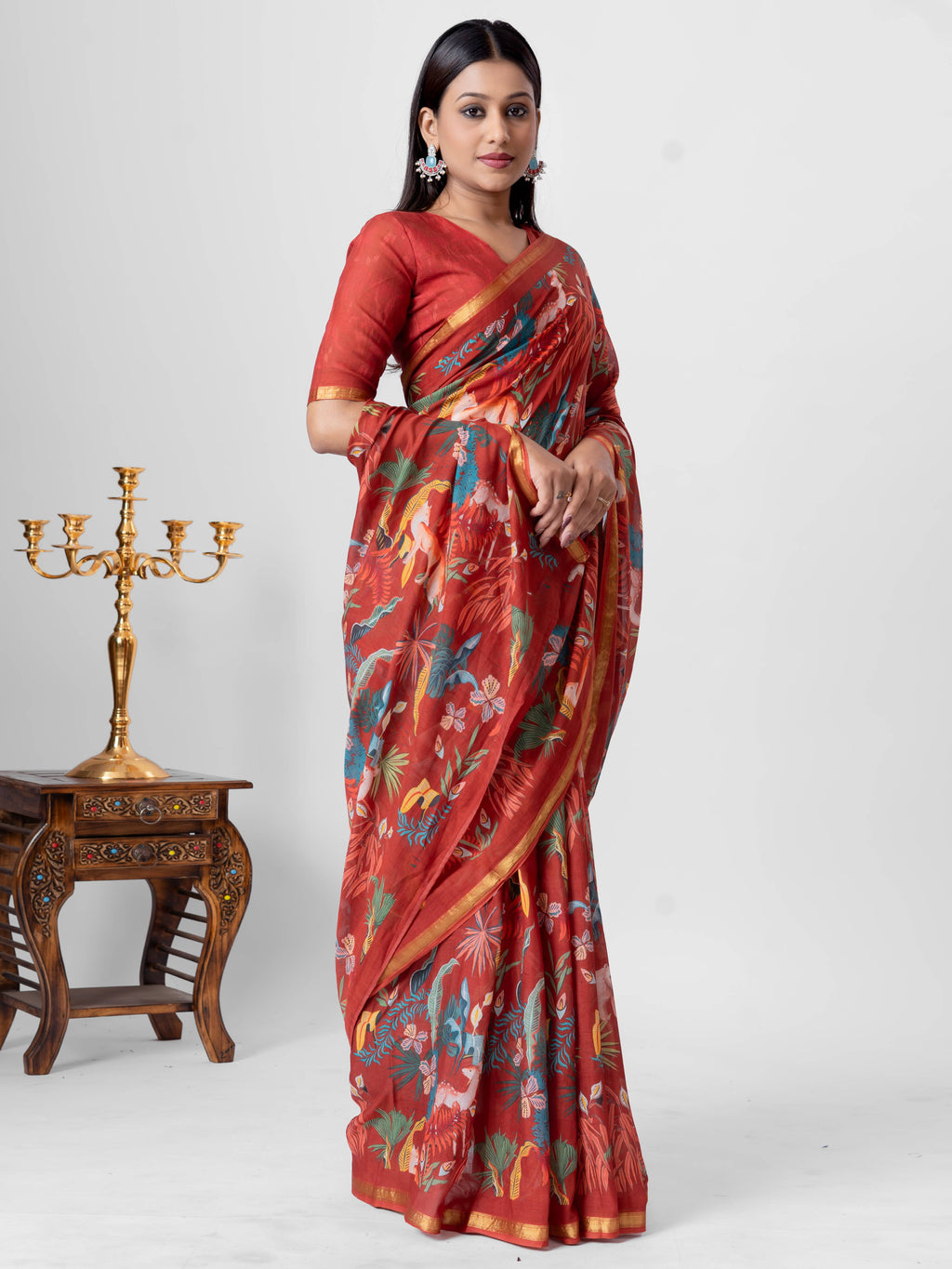 CHINESE MAROON VISCOSE MUL LIVA DIGITAL PRINTED SAREE