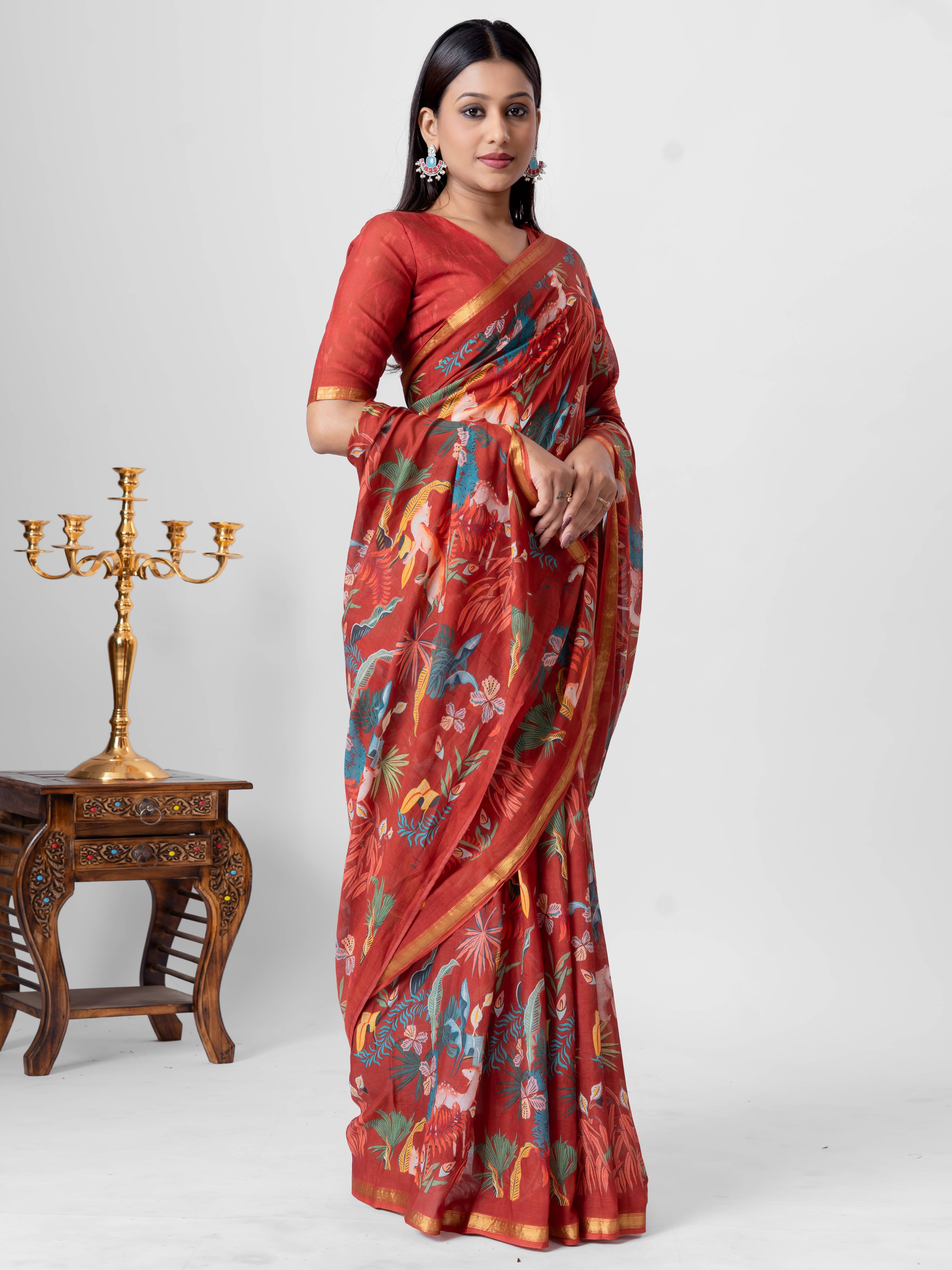 CHINESE MAROON VISCOSE MUL LIVA DIGITAL PRINTED SAREE