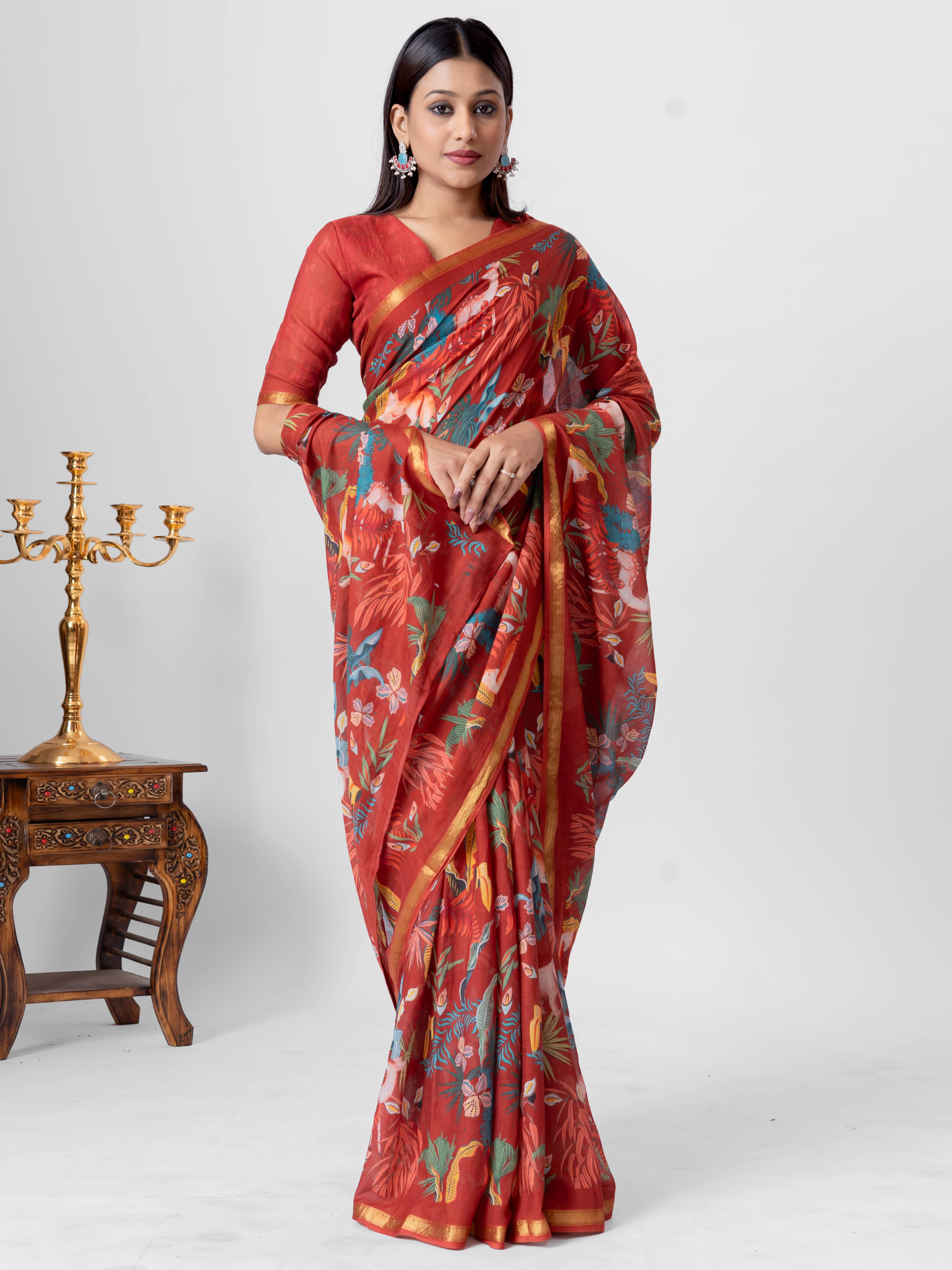 CHINESE MAROON VISCOSE MUL LIVA DIGITAL PRINTED SAREE