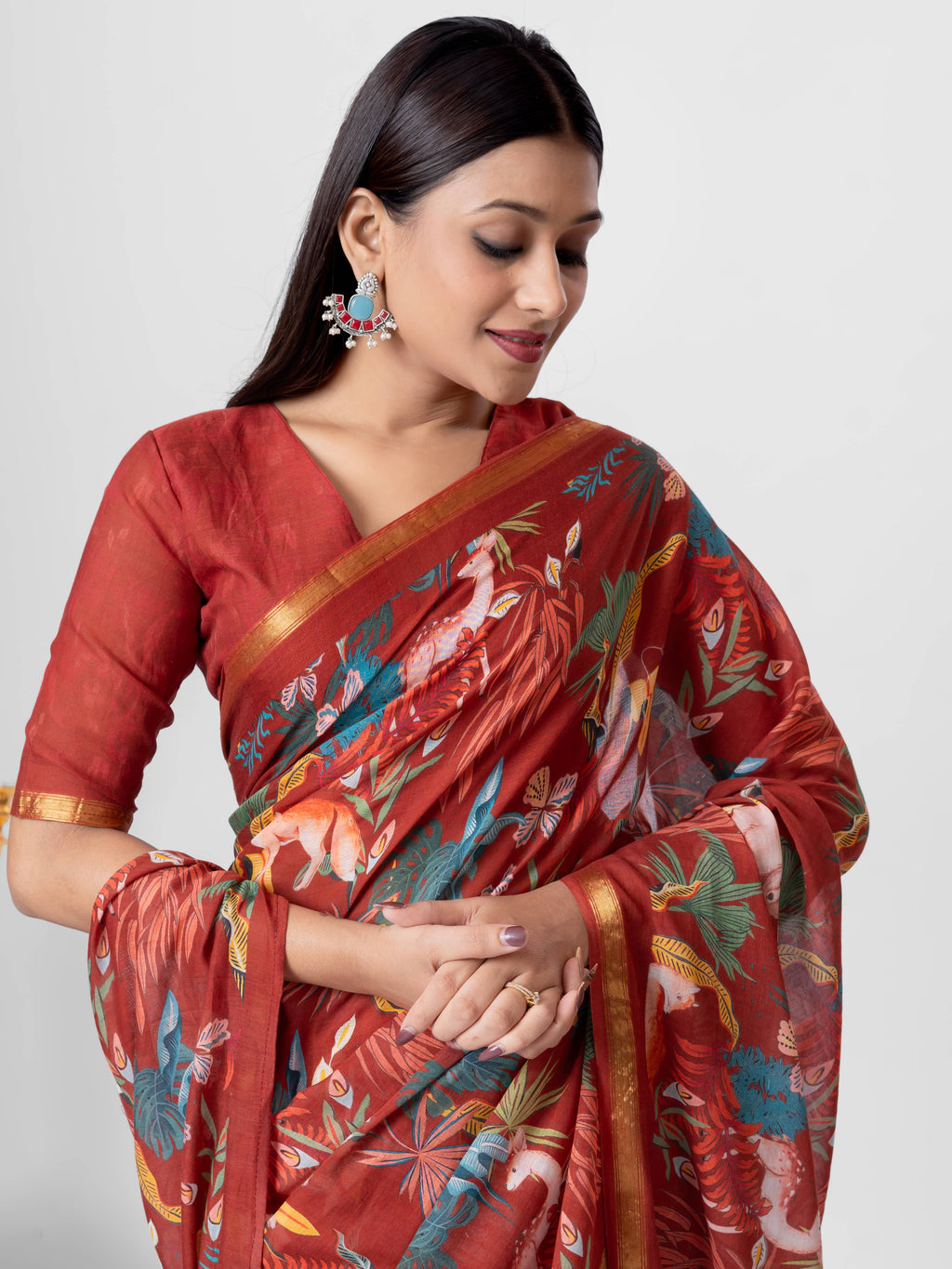 CHINESE MAROON VISCOSE MUL LIVA DIGITAL PRINTED SAREE
