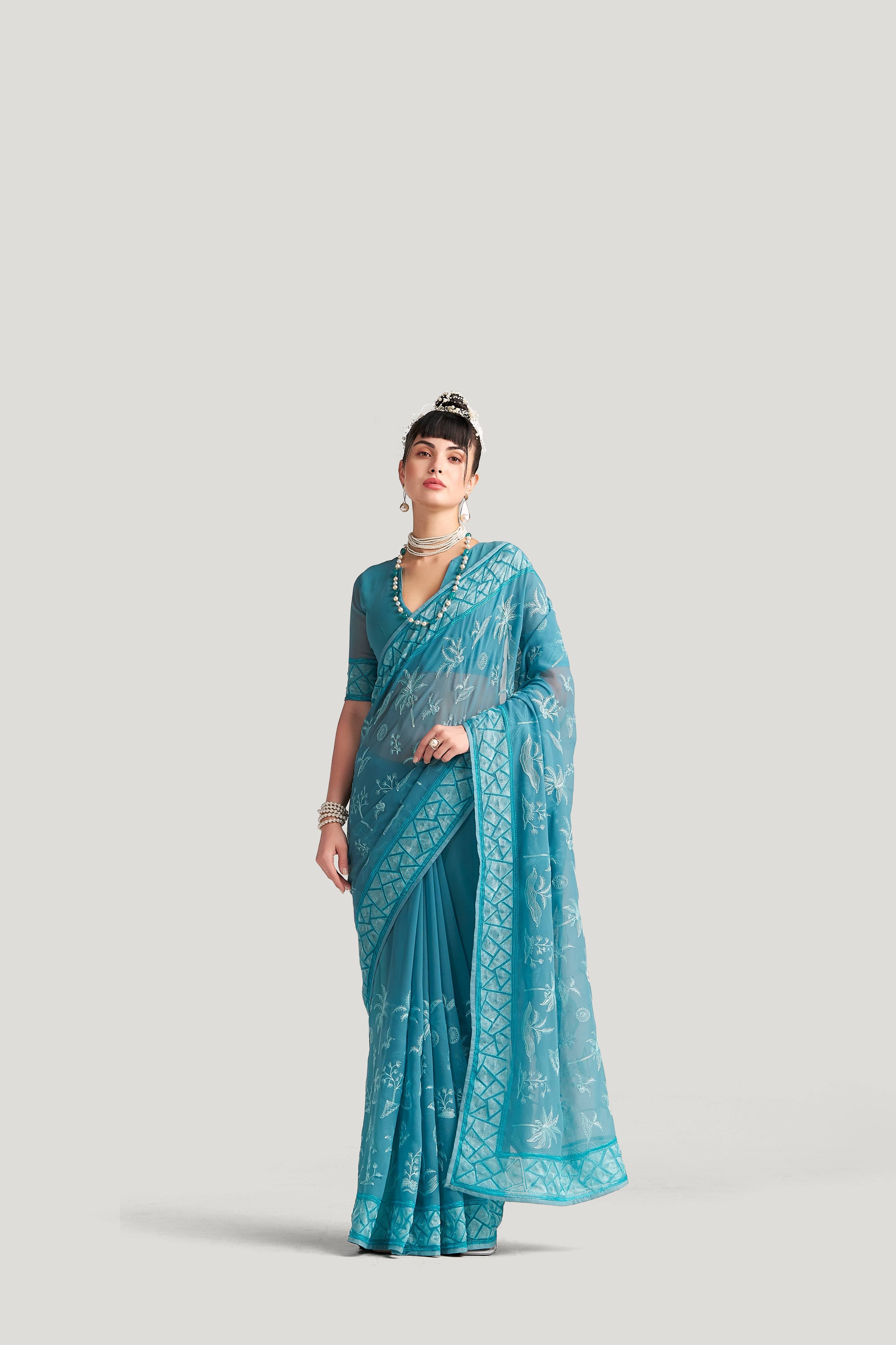 BABY BLUE GEORGETTE TREE PRINTED EMBROIDERY SAREE