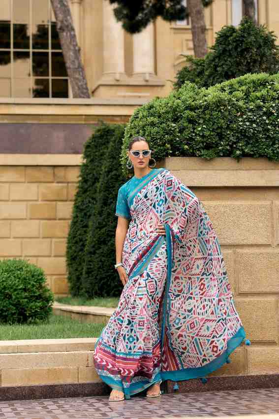 DEEP SKY BLUE VISCOSE MUL LIVA DIGITAL PRINTED SAREE