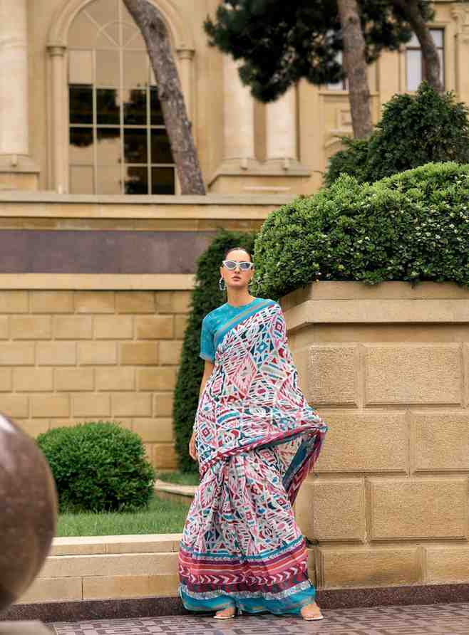 DEEP SKY BLUE VISCOSE MUL LIVA DIGITAL PRINTED SAREE