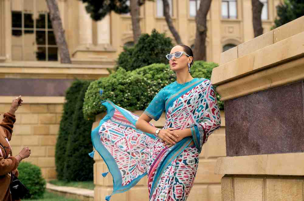 DEEP SKY BLUE VISCOSE MUL LIVA DIGITAL PRINTED SAREE