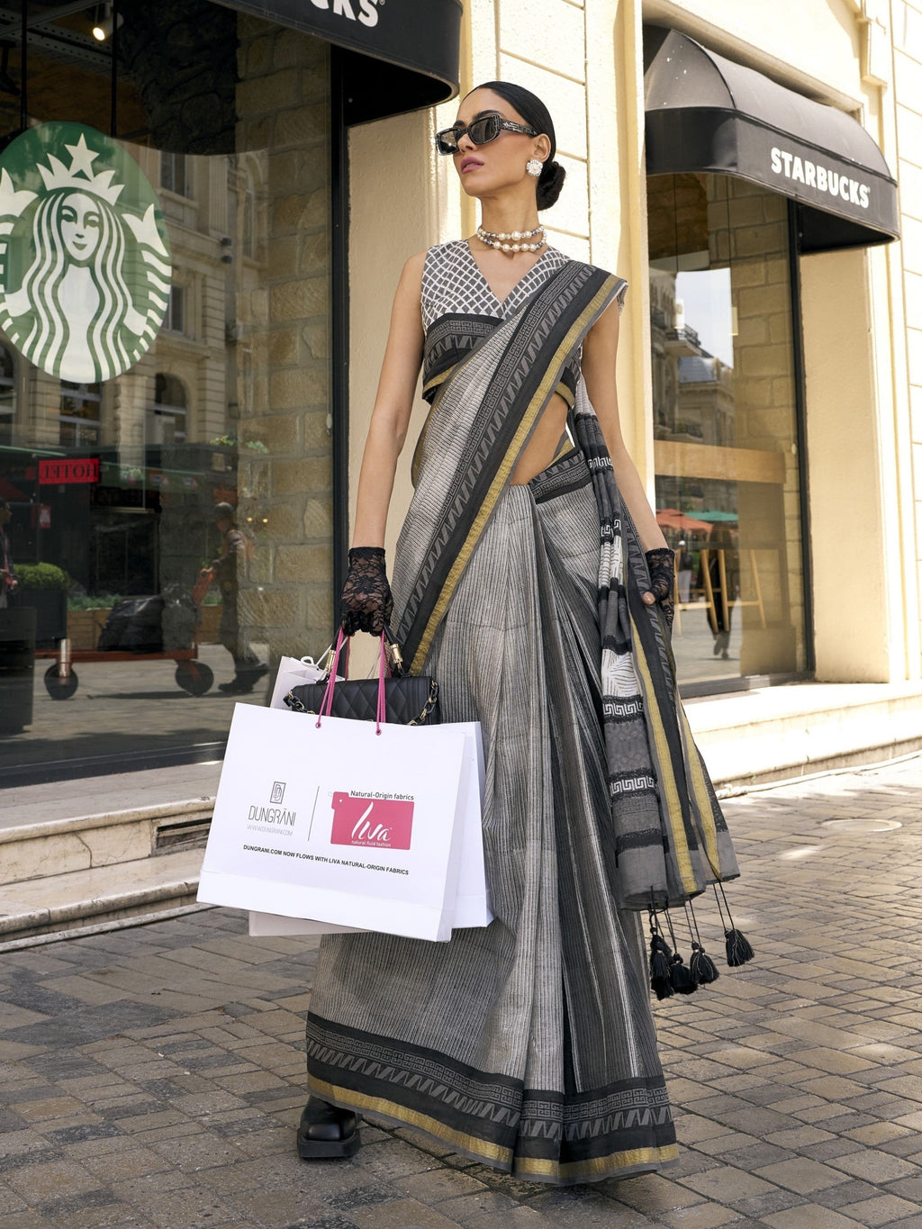 BLACK & GREY VISCOSE MUL BLOCK PRINTED SAREE