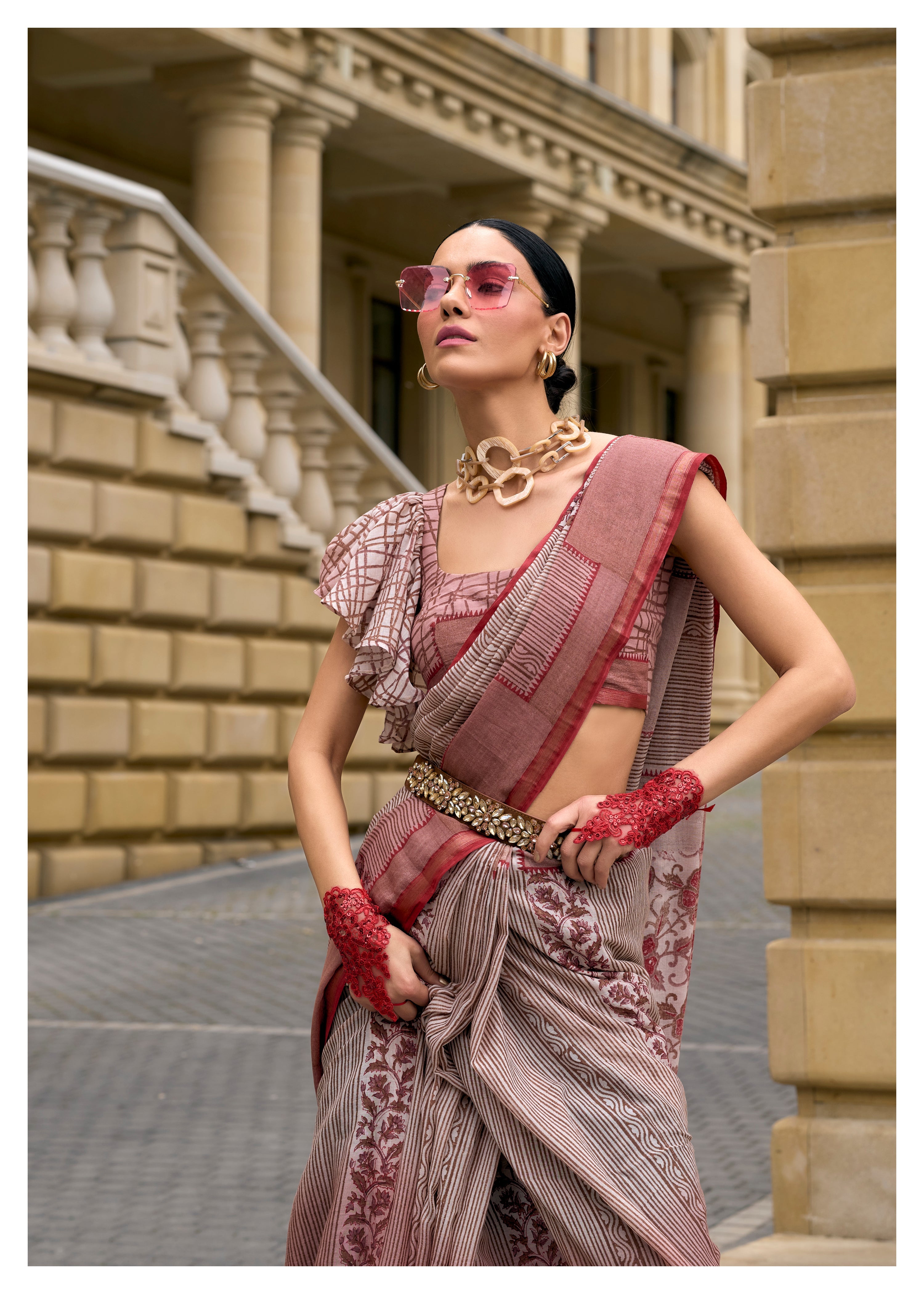 FALU RED VISCOSE MUL LIVA BLOCK PRINTED SAREE