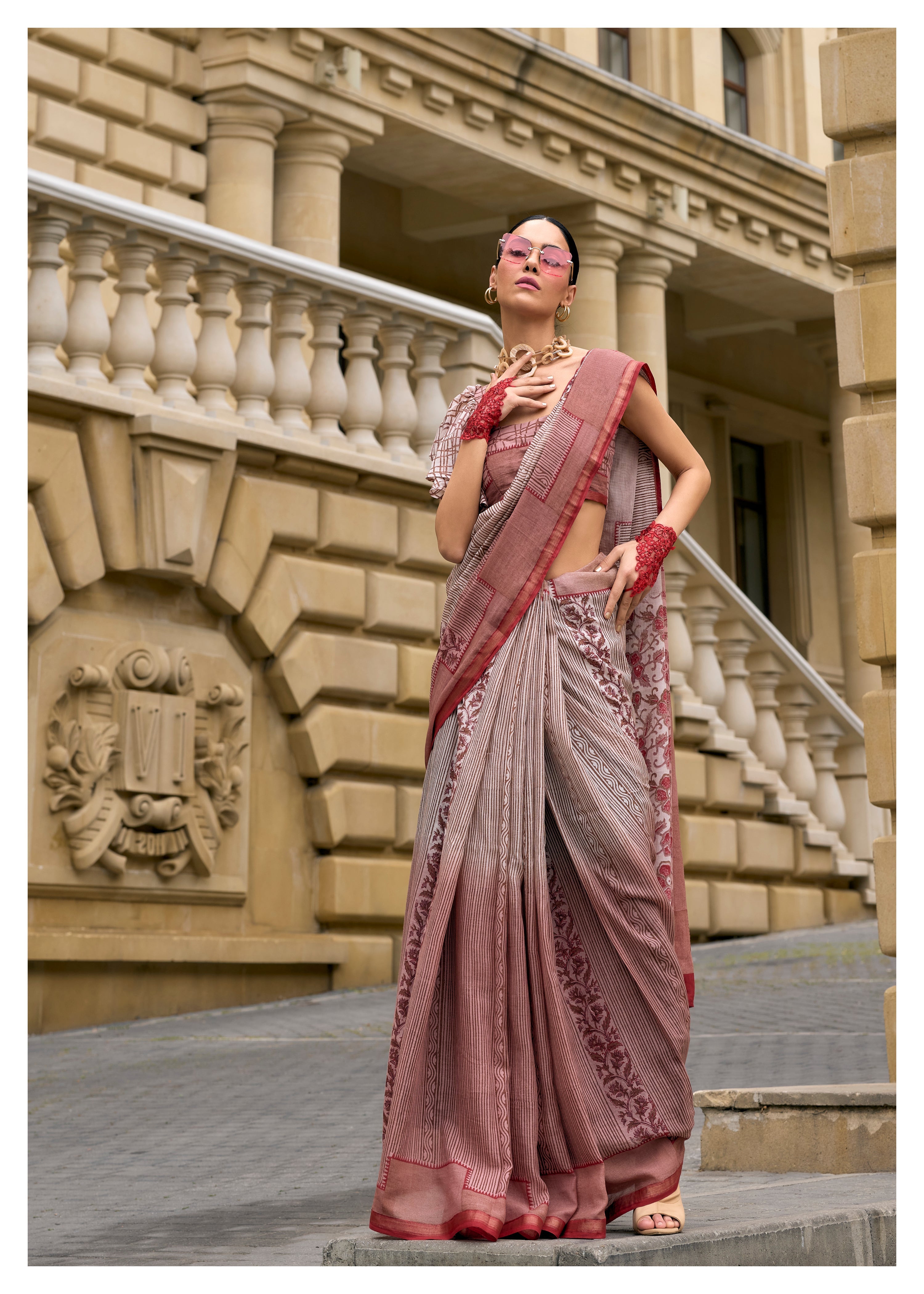 FALU RED VISCOSE MUL LIVA BLOCK PRINTED SAREE