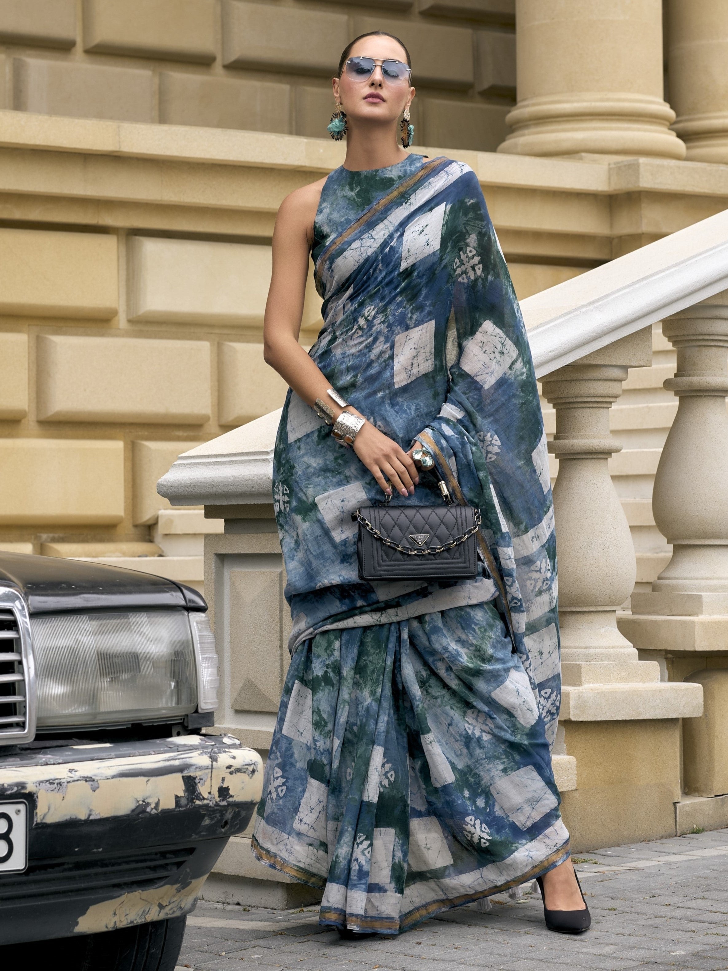 DARK BLUE VISCOSE MUL BATIK PRINTED SAREE