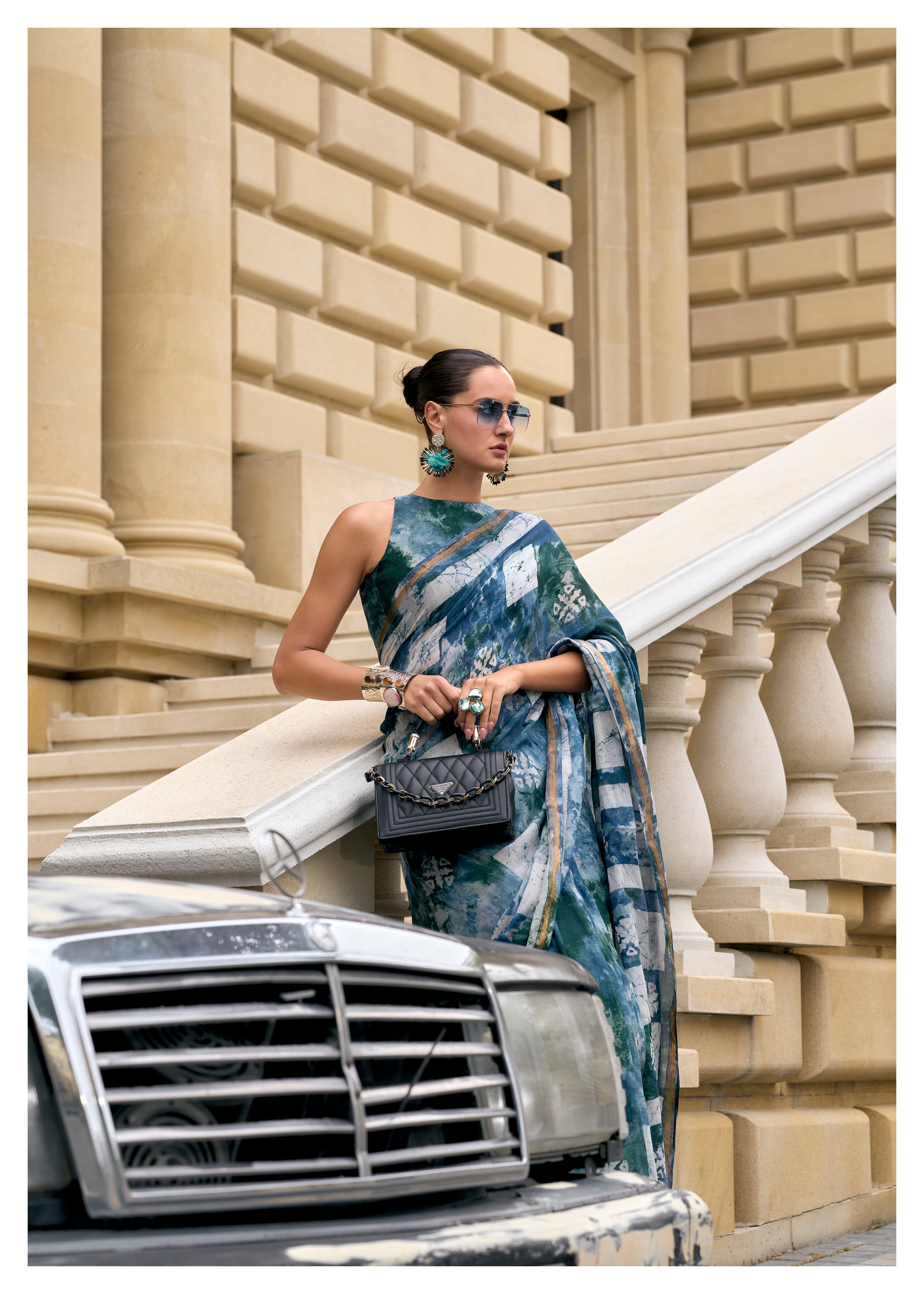 DARK BLUE VISCOSE MUL BATIK PRINTED SAREE