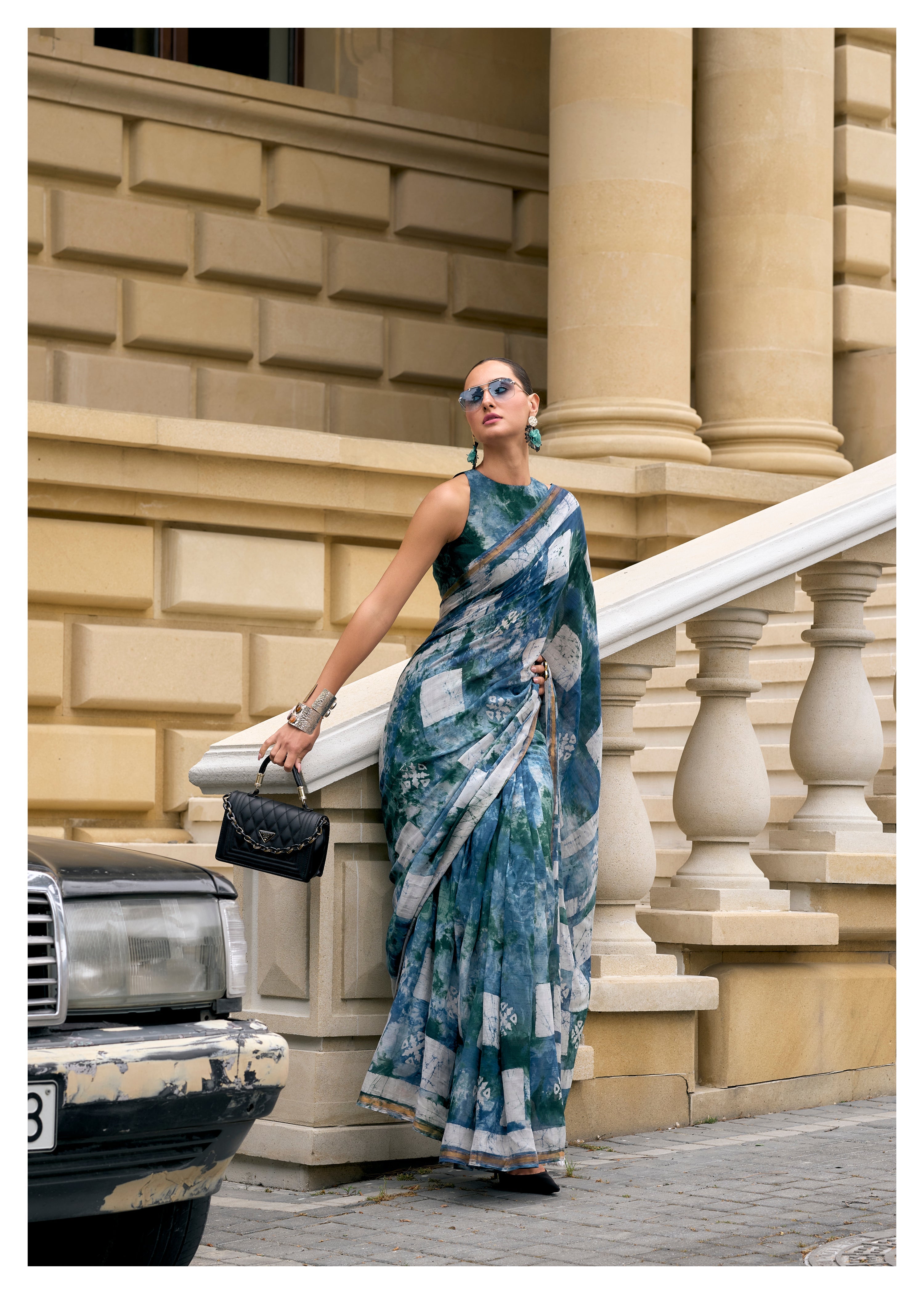 DARK BLUE VISCOSE MUL BATIK PRINTED SAREE