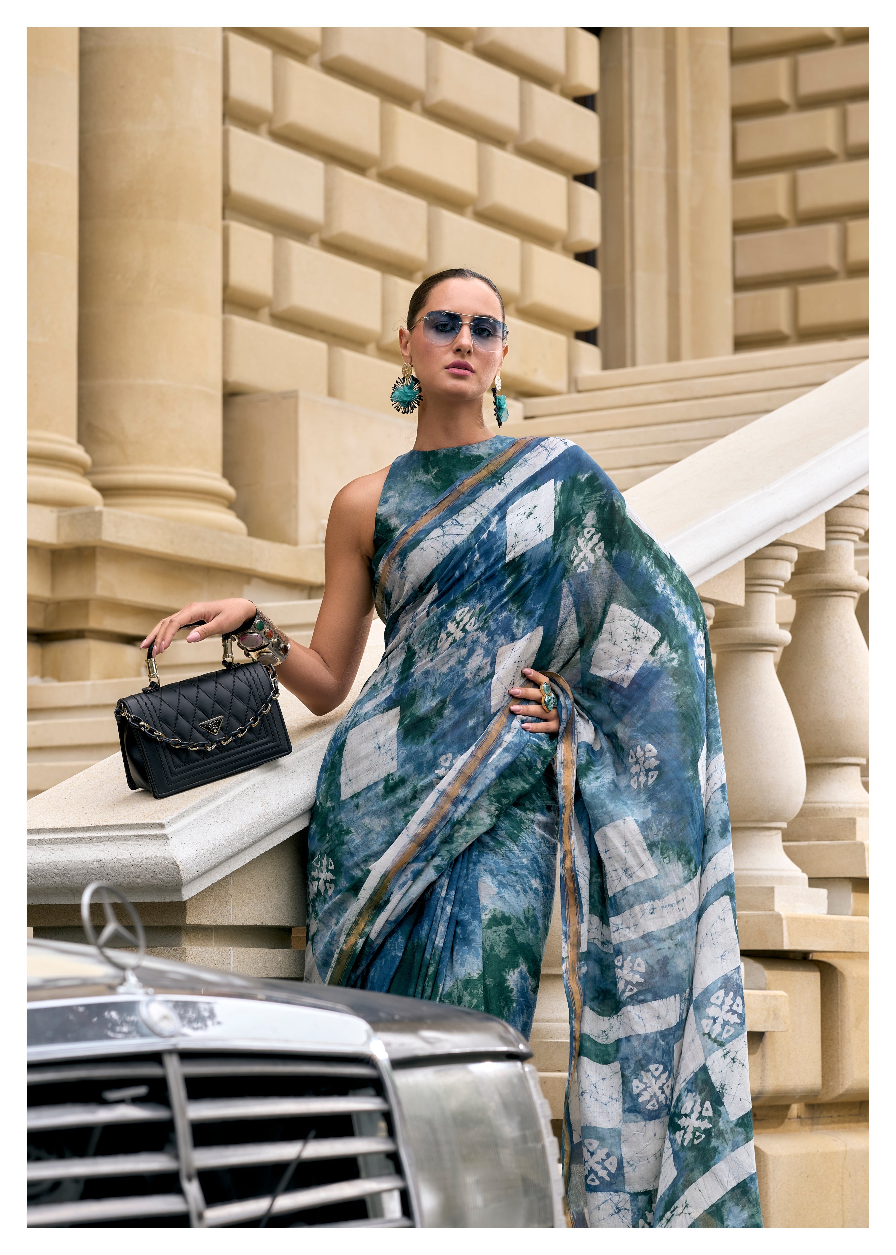 DARK BLUE VISCOSE MUL BATIK PRINTED SAREE
