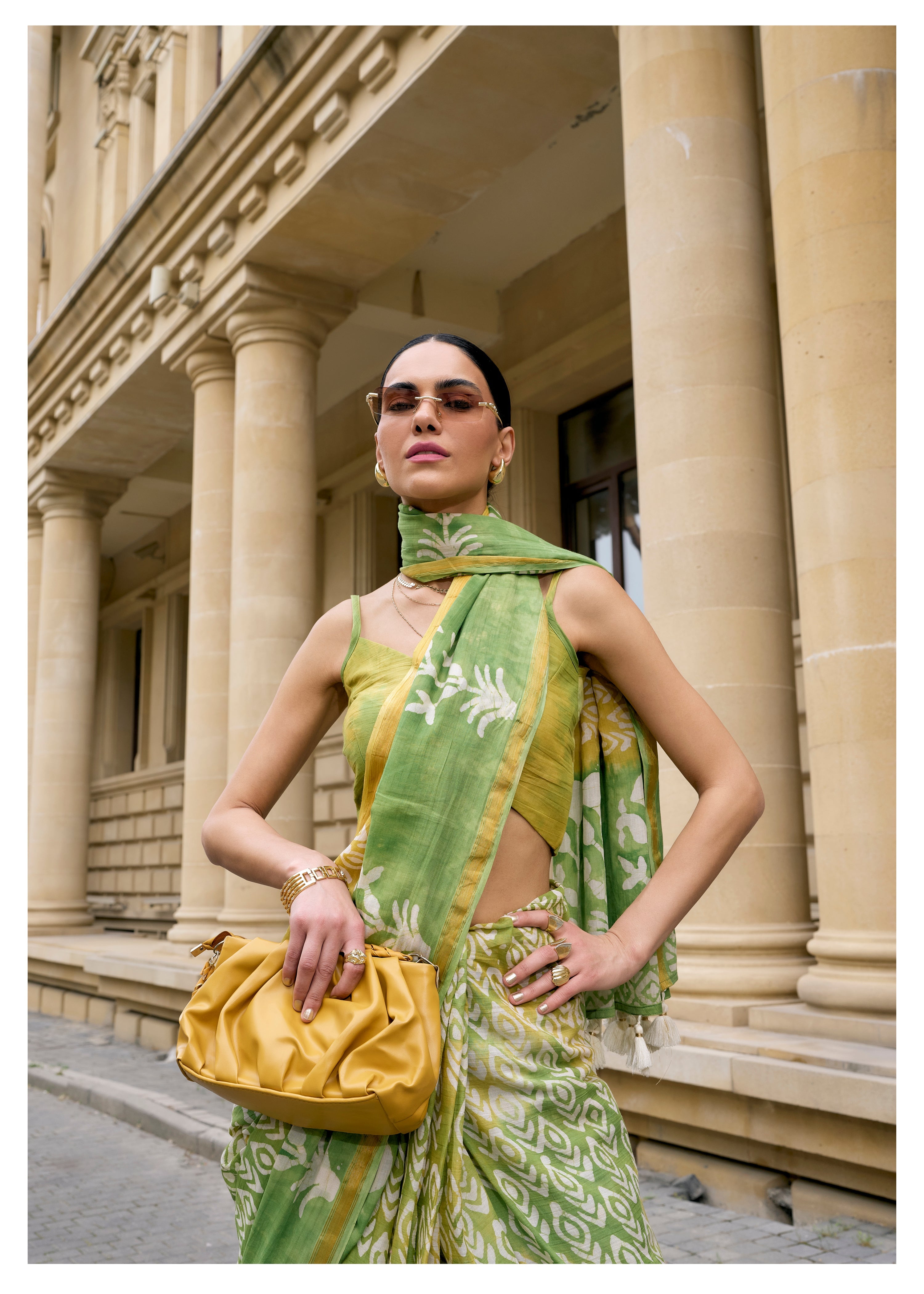 LIME GREEN VISCOSE MUL BATIK PRINTED SAREE