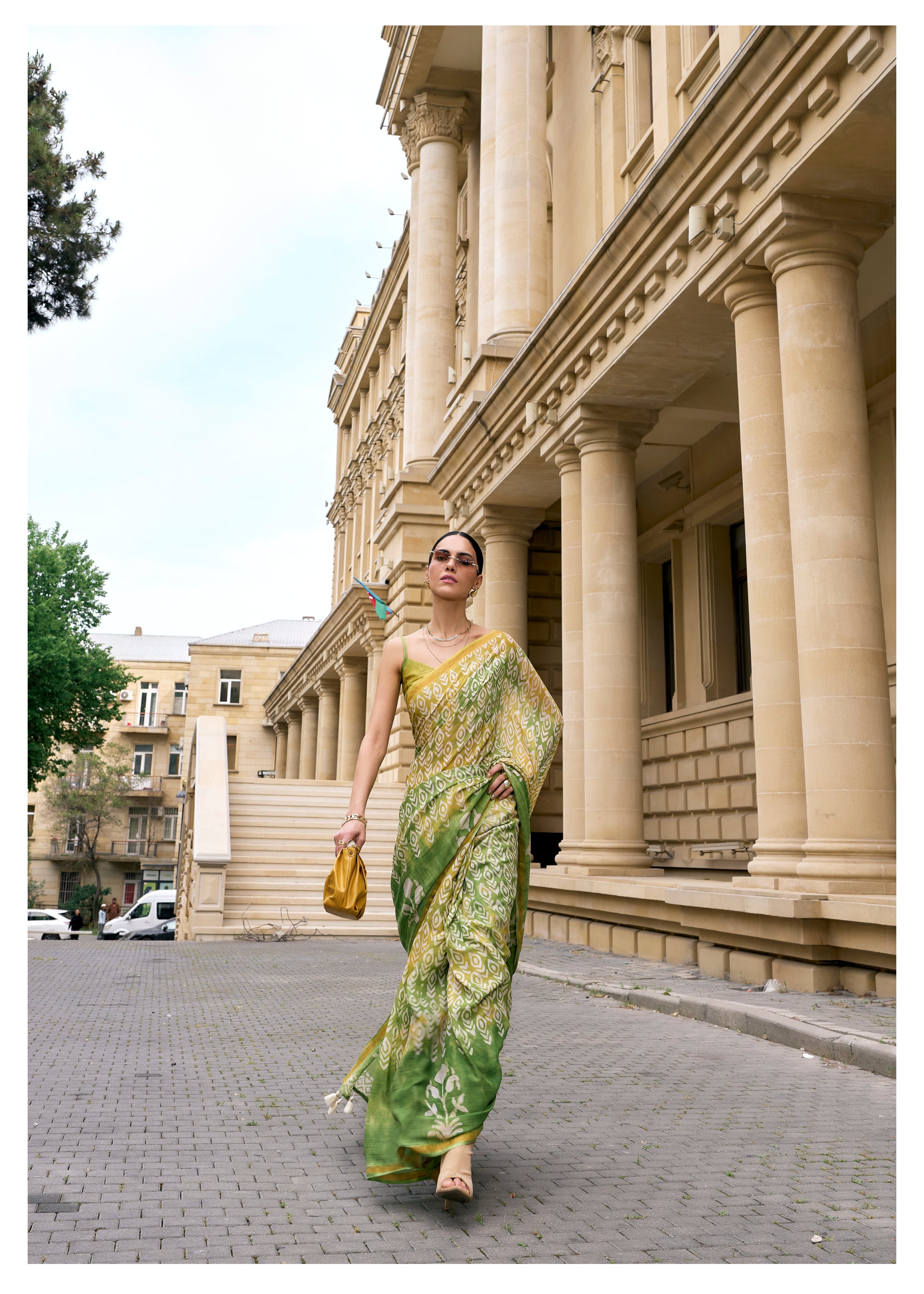 LIME GREEN VISCOSE MUL BATIK PRINTED SAREE