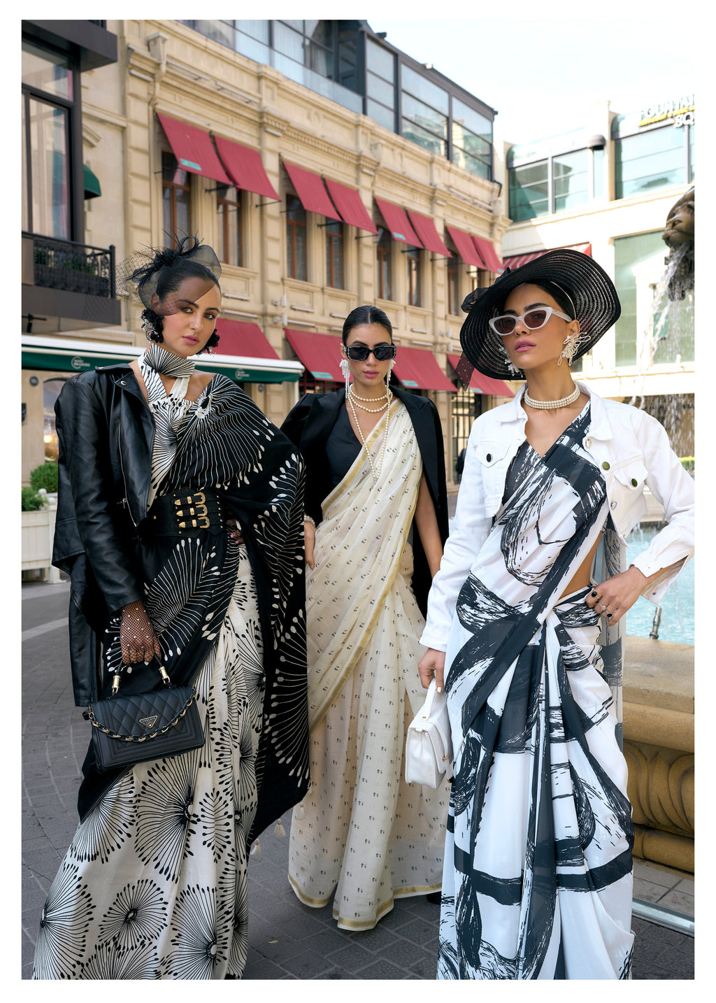 BLACK & WHITE MONOCHROME FLORAL PRINT LIVA SATIN SAREE