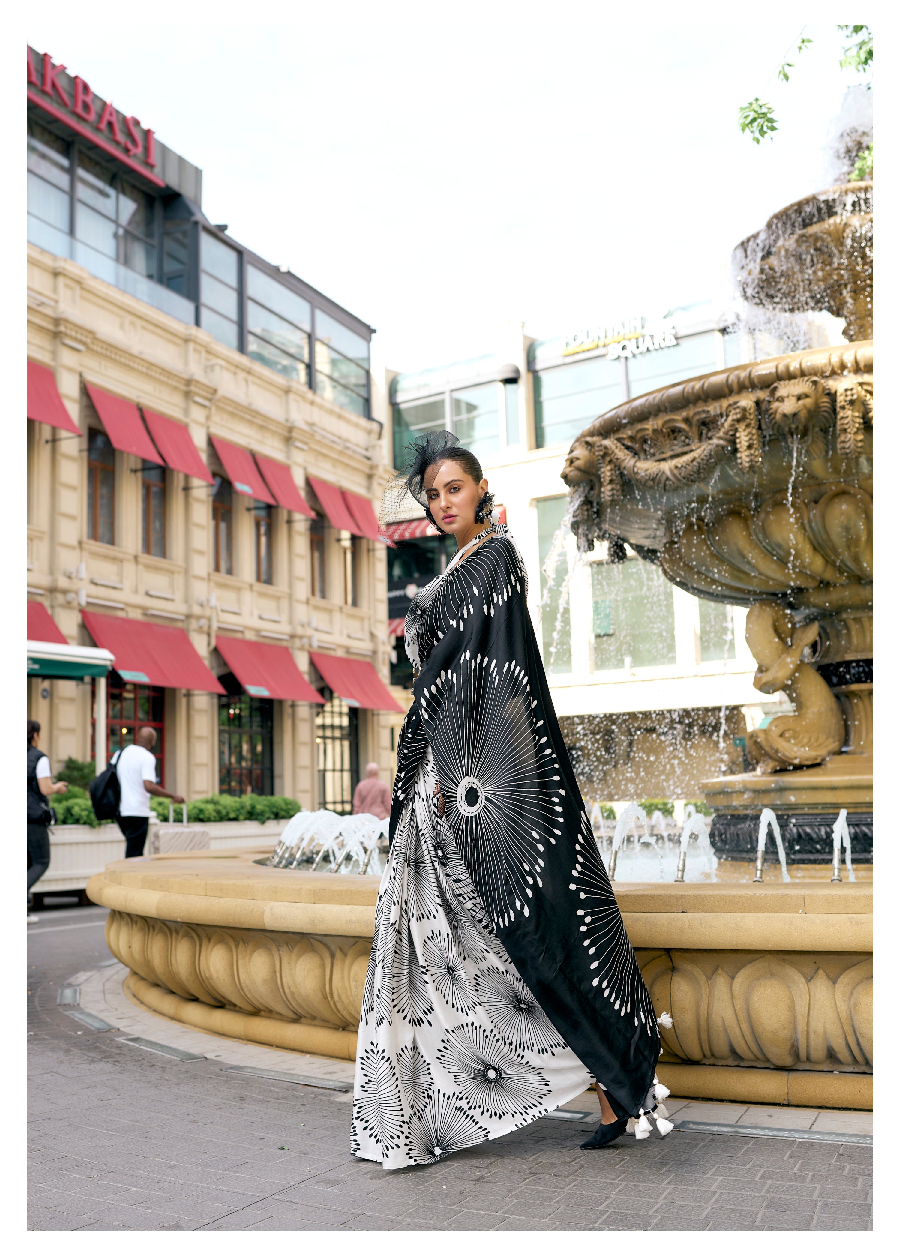 BLACK & WHITE MONOCHROME FLORAL PRINT LIVA SATIN SAREE