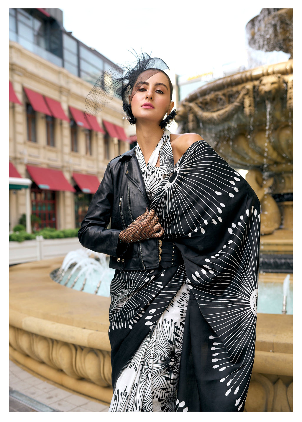 BLACK & WHITE MONOCHROME FLORAL PRINT LIVA SATIN SAREE